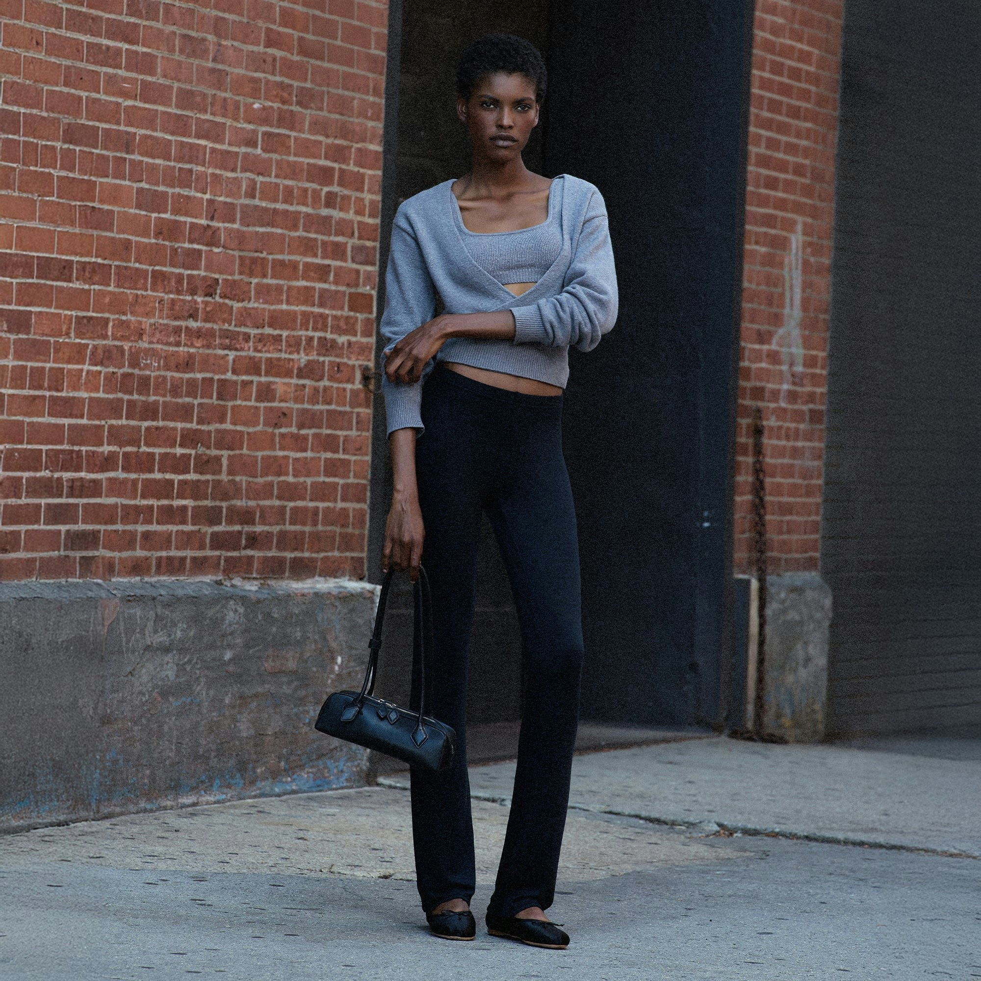 TEXTURED KNIT WRAP SWEATER | DARK HEATHER GREY ON A MODEL FRONT VIEW @ | FOCUS: 0.0, 1.0, 0.9