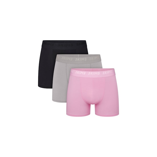 SKIMS STRETCH MENS 3" BOXER BRIEF 3-PACK | BUBBLE GUM MIRROR MULTI FLAT ON A WHITE BACKGROUND | FLT | FOCUS: 0.0, 1.0, 0.9