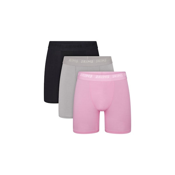 SKIMS STRETCH MENS 5" BOXER BRIEF 3-PACK | BUBBLE GUM MIRROR MULTI FLAT ON A WHITE BACKGROUND | FLT | FOCUS: 0.0, 1.0, 0.9
