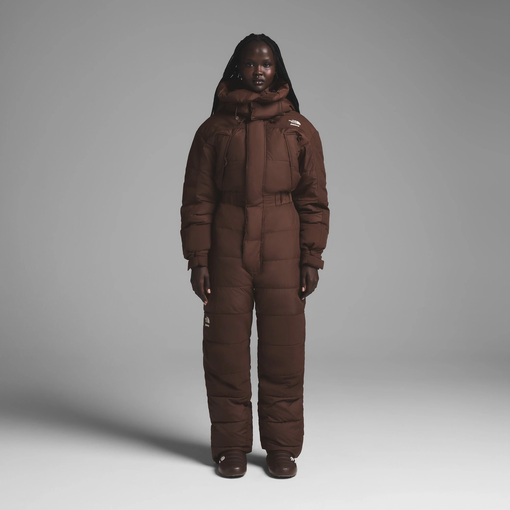 THE NORTH FACE X SKIMS DOWN ONE PIECE | COCOA ON A MODEL FRONT VIEW | FOCUS: 0.0, 1.0, 0.9