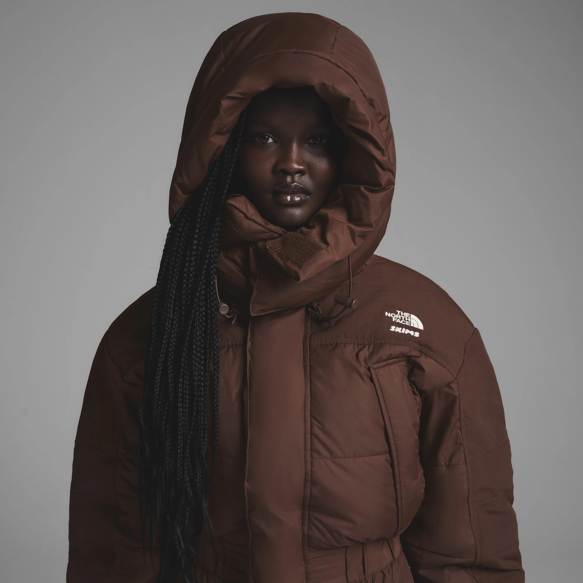 THE NORTH FACE X SKIMS DOWN ONE PIECE | COCOA ON A MODEL FRONT VIEW