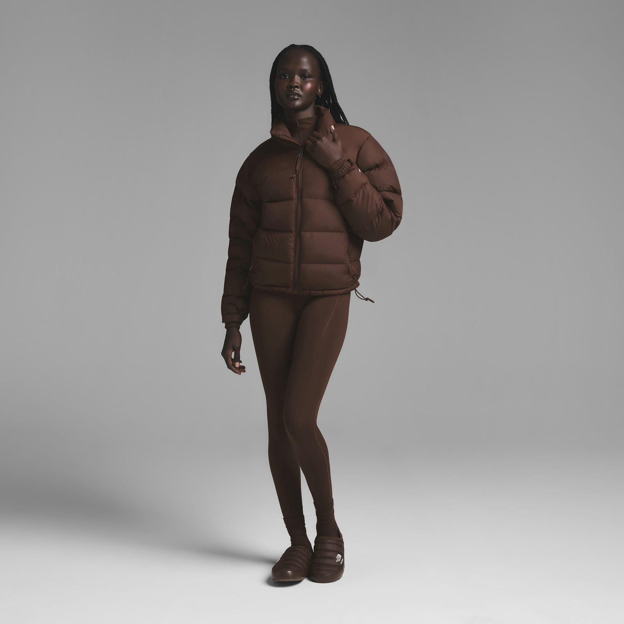 THE NORTH FACE X SKIMS THERMOBALL TRACTION MULES V | COCOA ON A MODEL FRONT VIEW | FOCUS: 0.0, 1.0, 0.9
