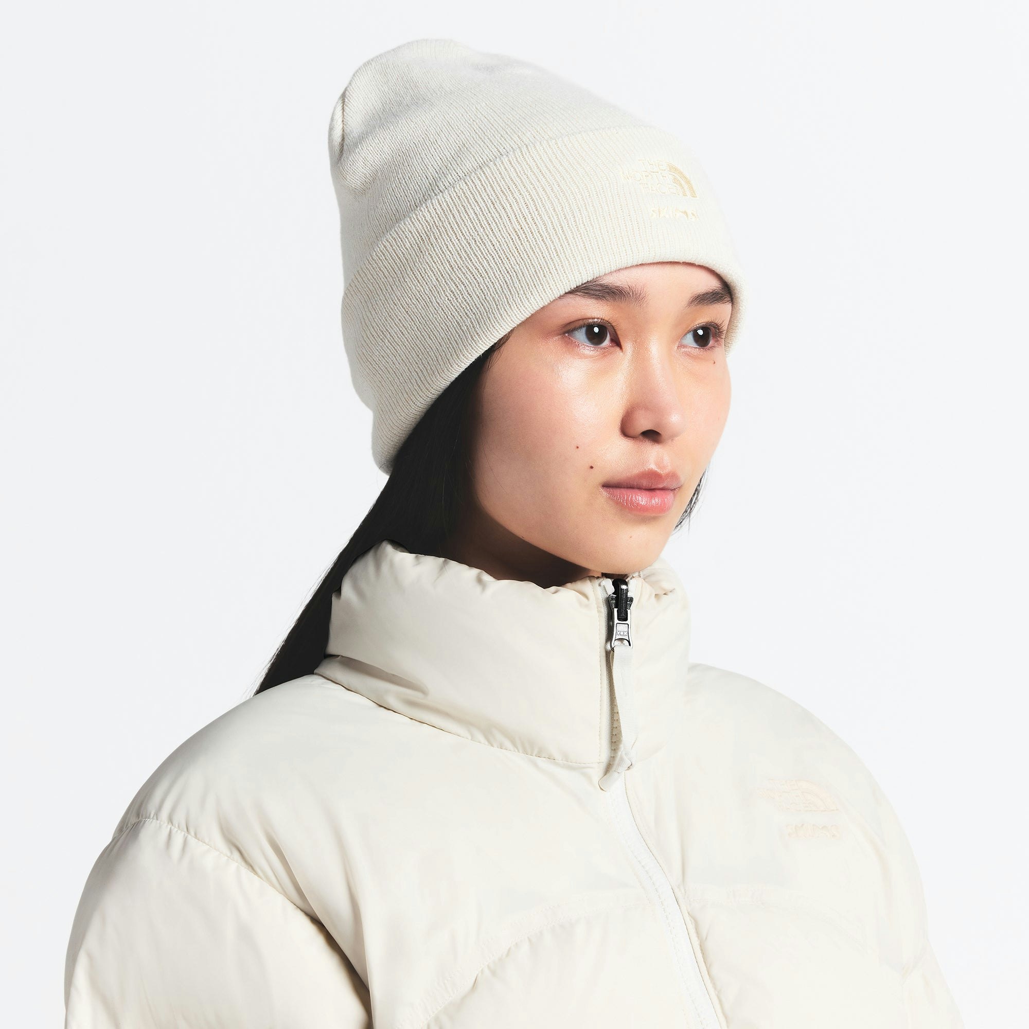 THE NORTH FACE X SKIMS BEANIE | BONE ON A MODEL FRONT VIEW @ | FOCUS: 0.0, 1.0, 0.9