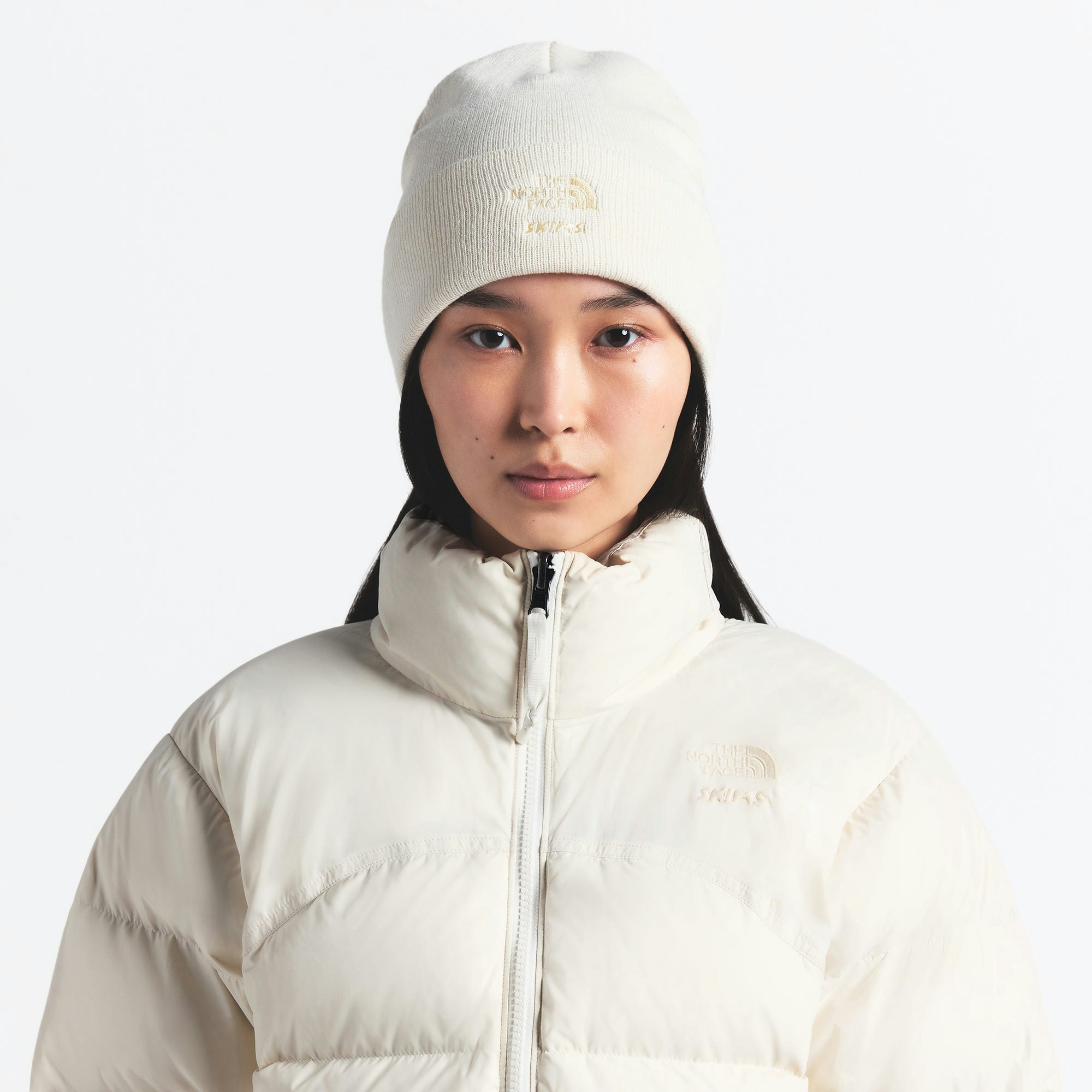 THE NORTH FACE X SKIMS BEANIE | BONE ON A MODEL FRONT VIEW @ | FOCUS: 0.0, 1.0, 0.9