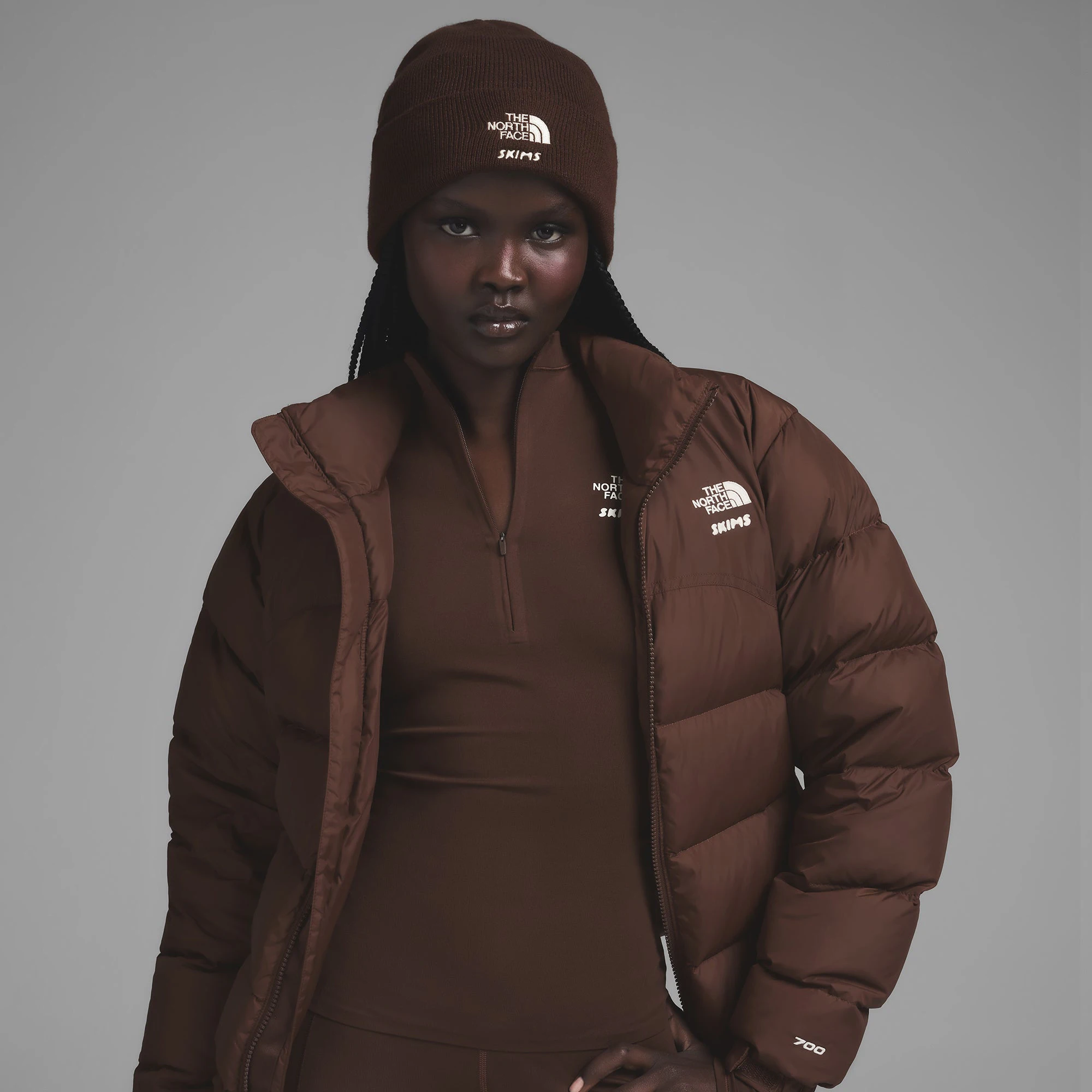 THE NORTH FACE X SKIMS BEANIE | COCOA ON A MODEL FRONT VIEW | FOCUS: 0.0, 1.0, 0.9