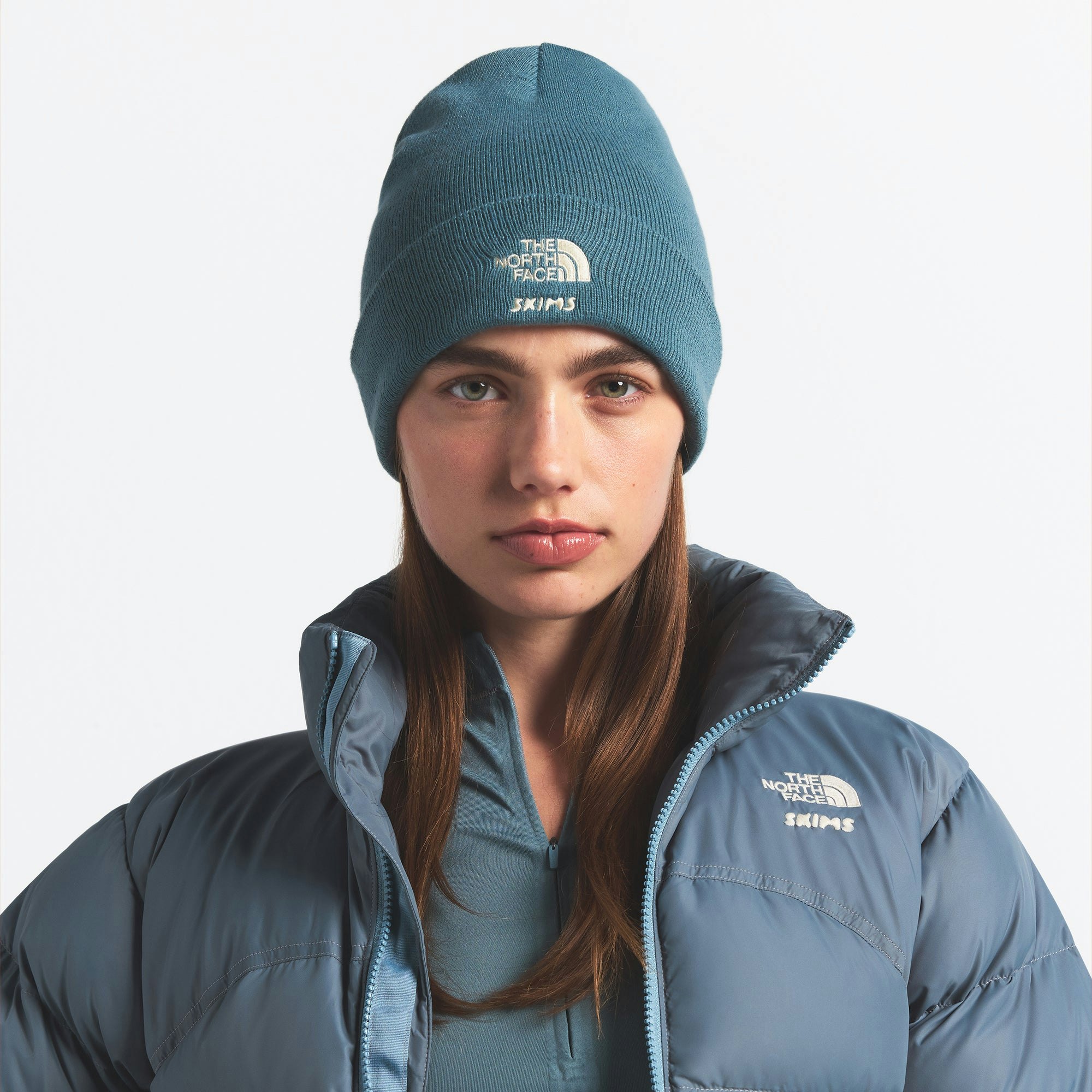THE NORTH FACE X SKIMS BEANIE | KYANITE ON A MODEL FRONT VIEW @ | FOCUS: 0.0, 1.0, 0.9