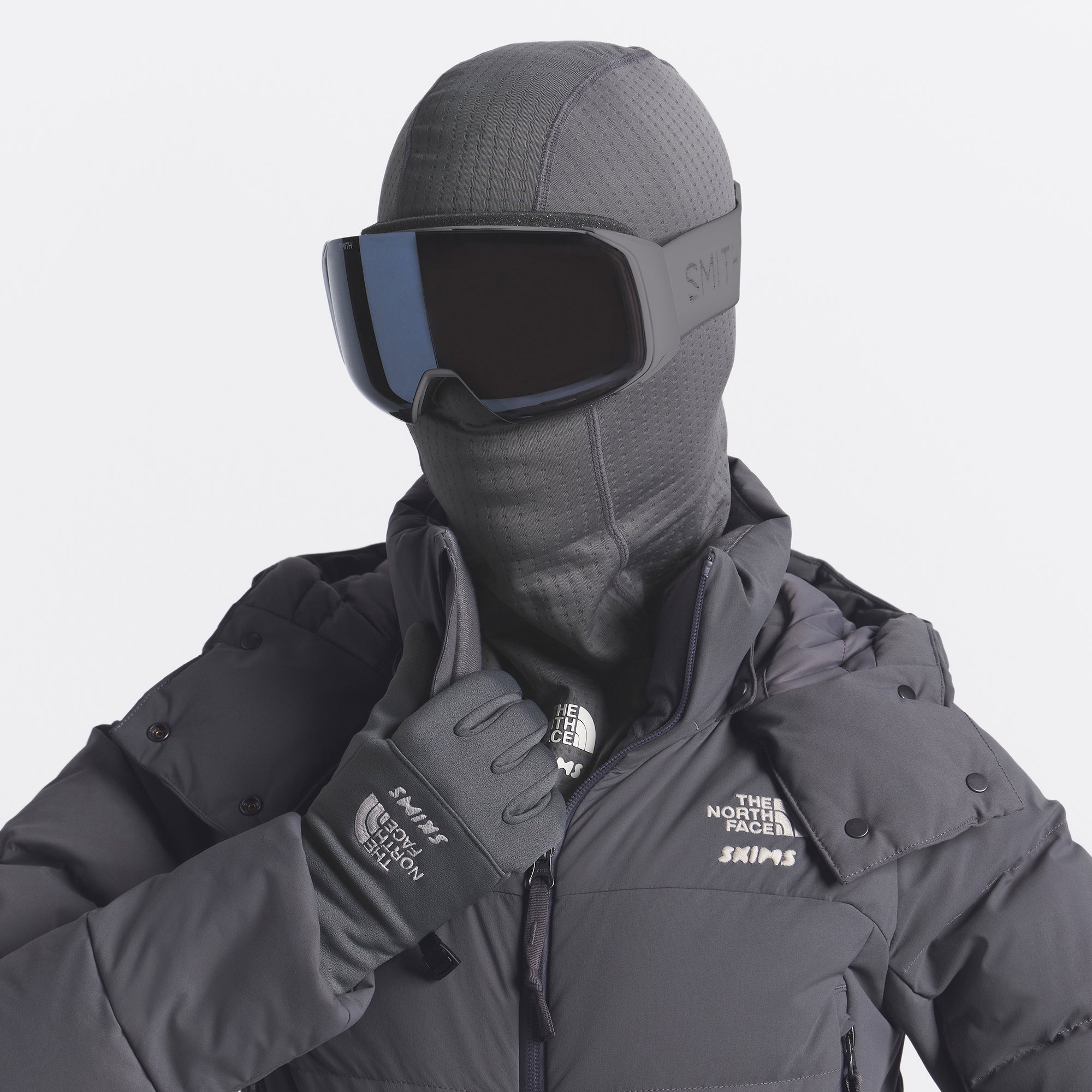 THE NORTH FACE X SKIMS DOTKNIT BALACLAVA | GUNMETAL ON A MODEL FRONT VIEW @ | FOCUS: 0.0, 1.0, 0.9