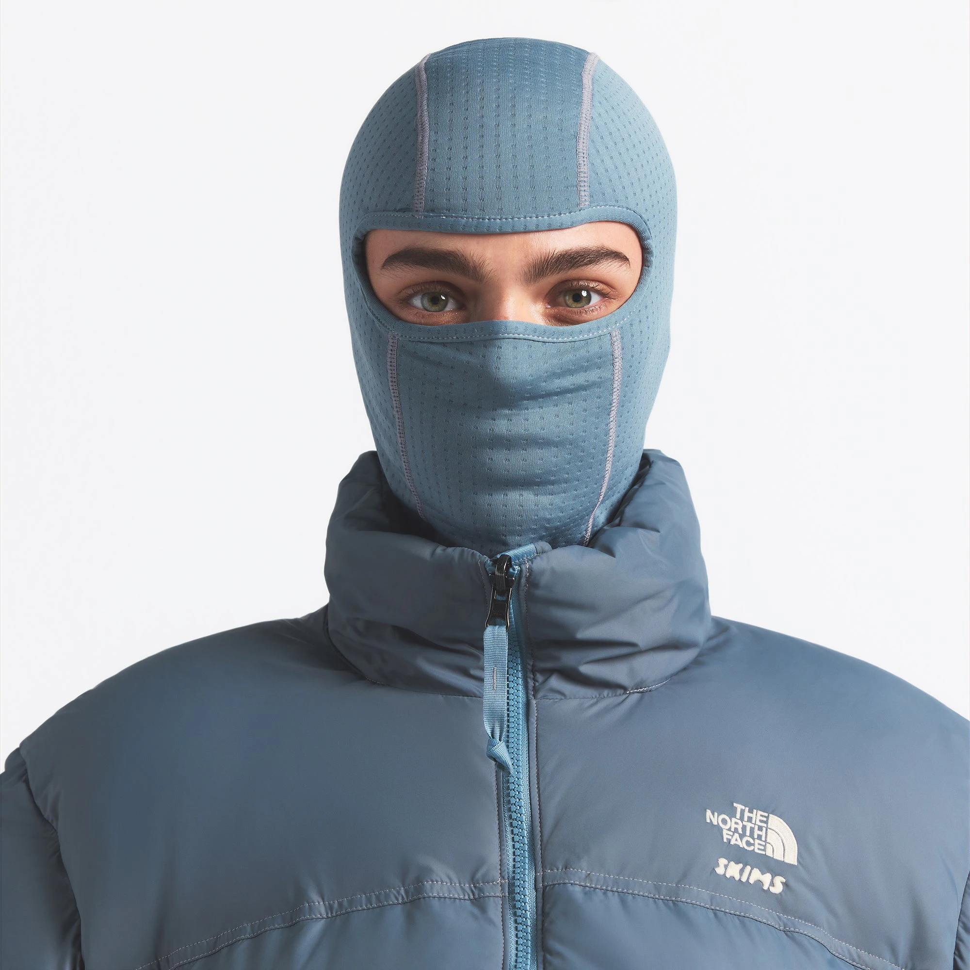 THE NORTH FACE X SKIMS DOTKNIT BALACLAVA | KYANITE ON A MODEL FRONT VIEW @ | FOCUS: 0.0, 1.0, 0.9