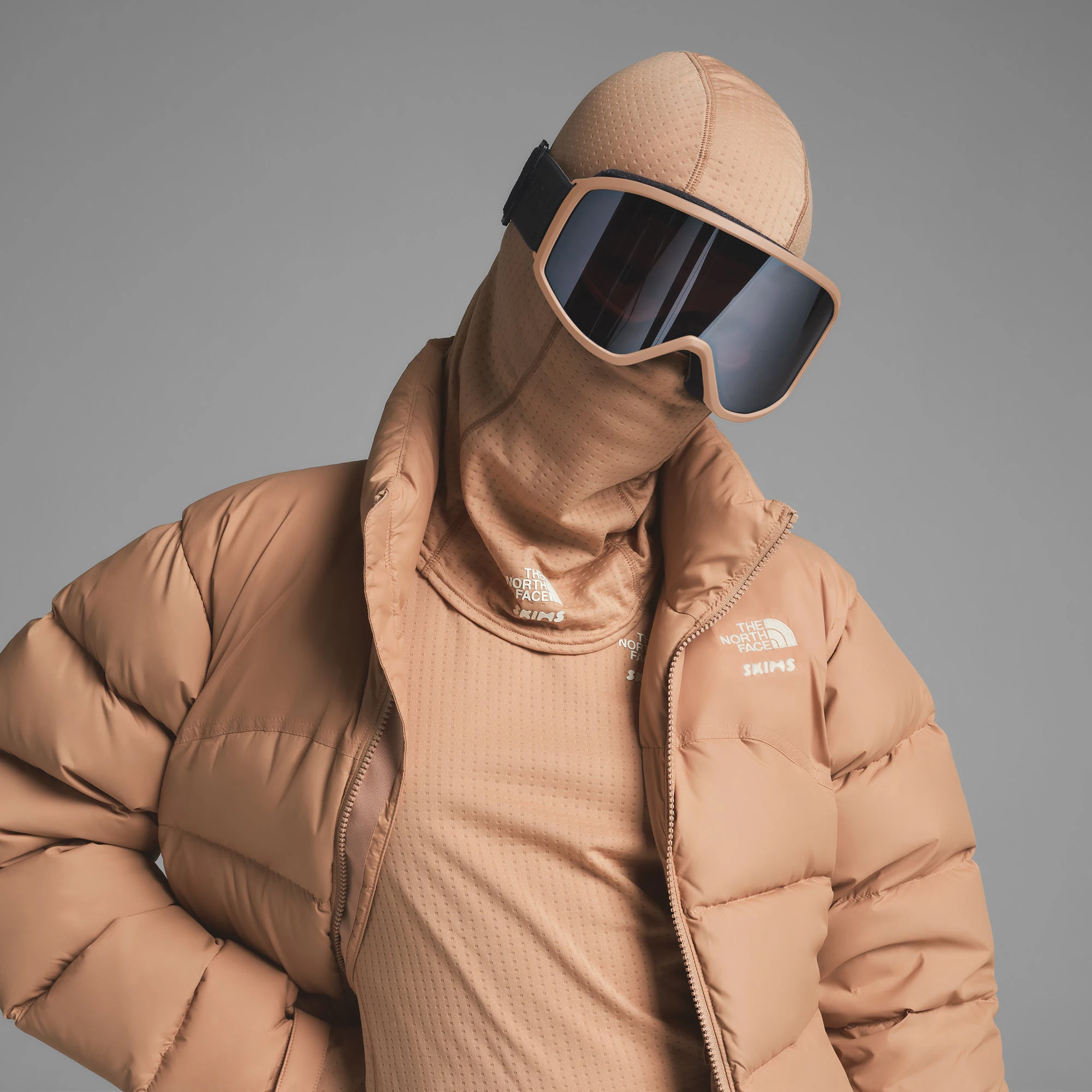 THE NORTH FACE X SKIMS DOTKNIT BALACLAVA | OCHRE ON A MODEL FRONT VIEW | FOCUS: 0.0, 1.0, 0.9