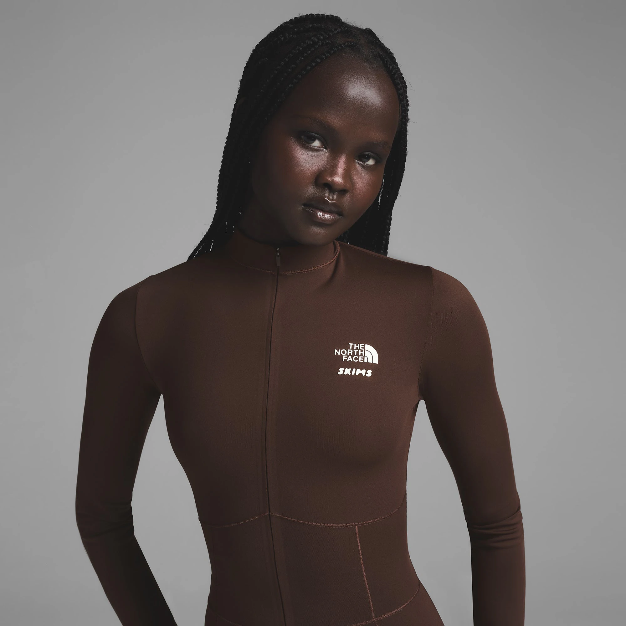 THE NORTH FACE X SKIMS REFINA BODYSUIT | COCOA ON A MODEL FRONT VIEW