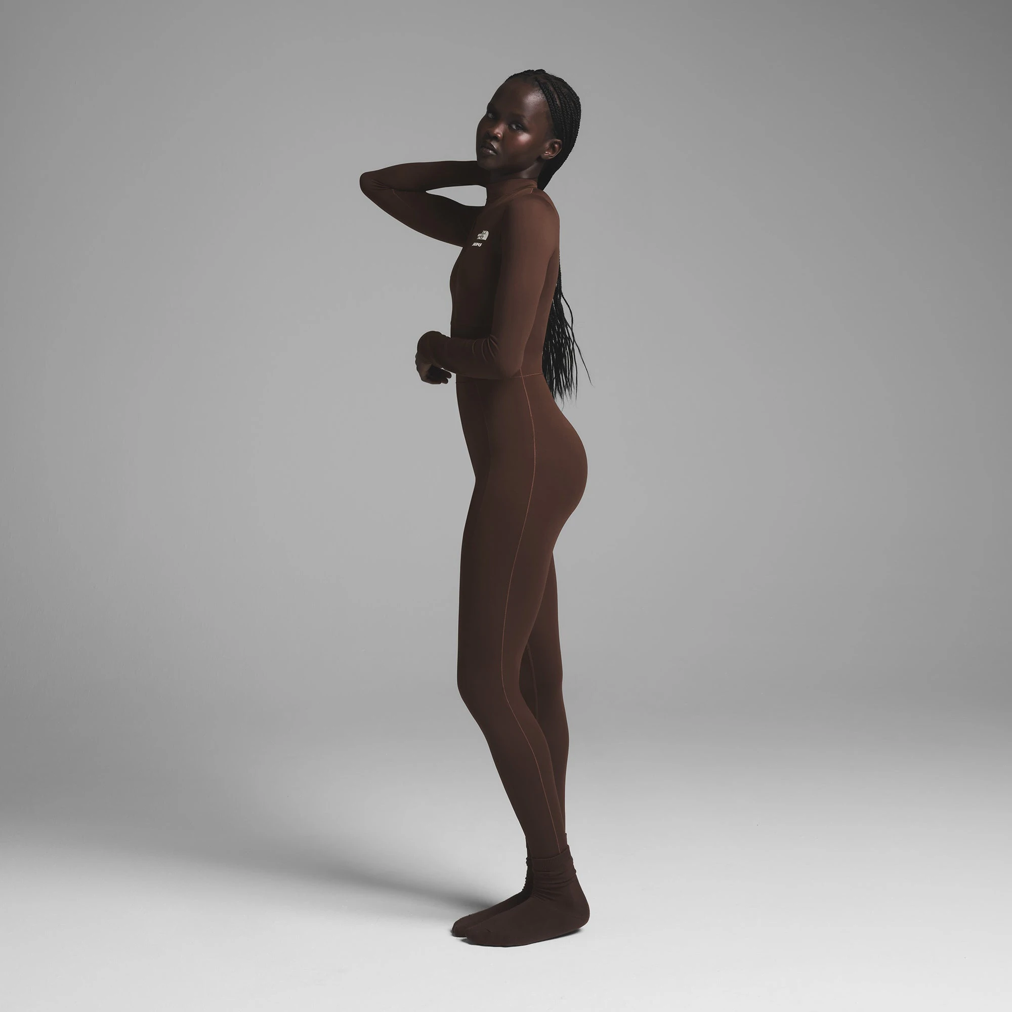 THE NORTH FACE X SKIMS REFINA BODYSUIT | COCOA ON A MODEL SIDE VIEW