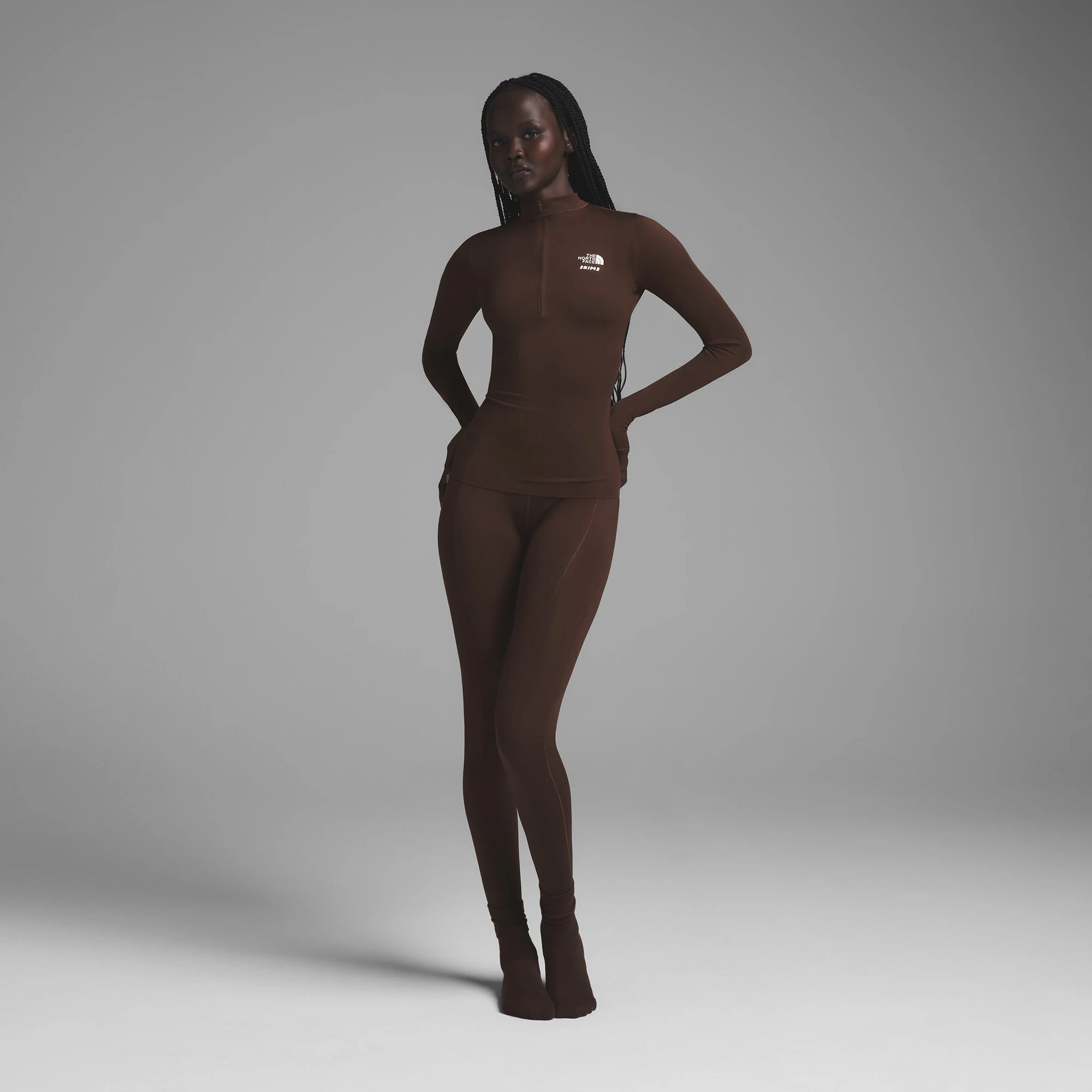 THE NORTH FACE X SKIMS REFINA LONG SLEEVE TOP | COCOA ON A MODEL FRONT VIEW | FOCUS: 0.0, 1.0, 0.9