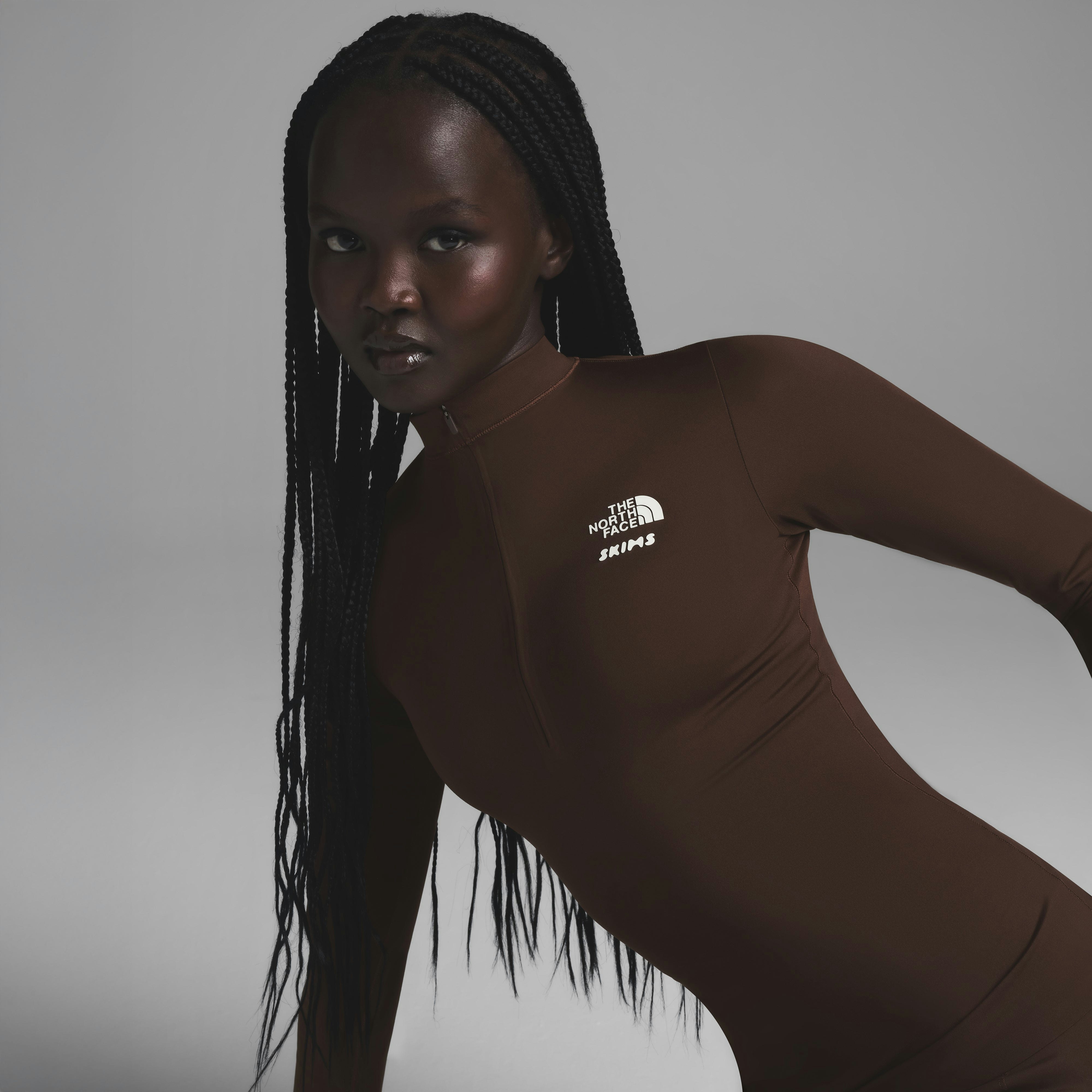 THE NORTH FACE X SKIMS REFINA LONG SLEEVE TOP | COCOA ON A MODEL FRONT VIEW | FOCUS: 0.0, 1.0, 0.9
