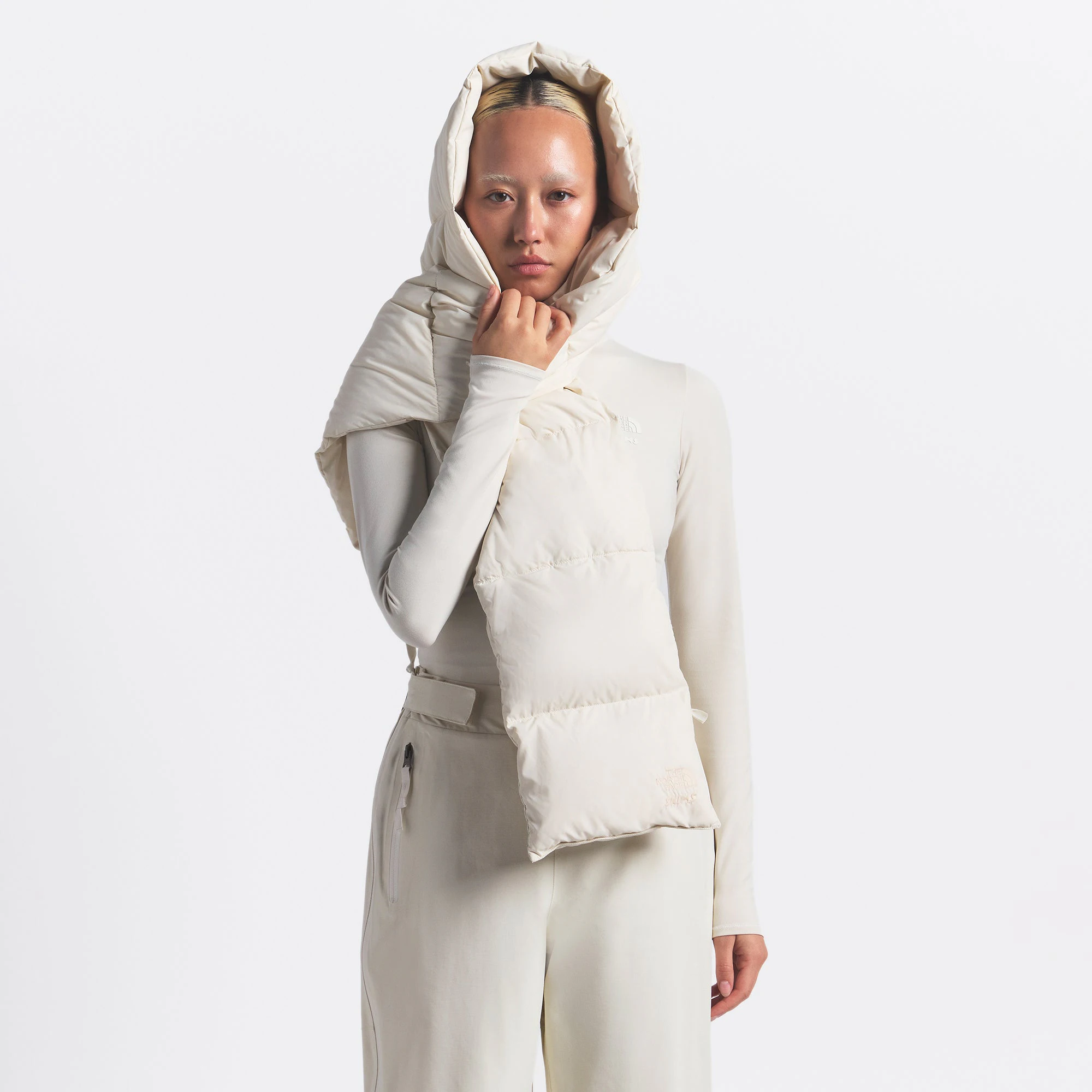 THE NORTH FACE X SKIMS NUPTSE SCARF | BONE ON A MODEL FRONT VIEW @ | FOCUS: 0.0, 1.0, 0.9