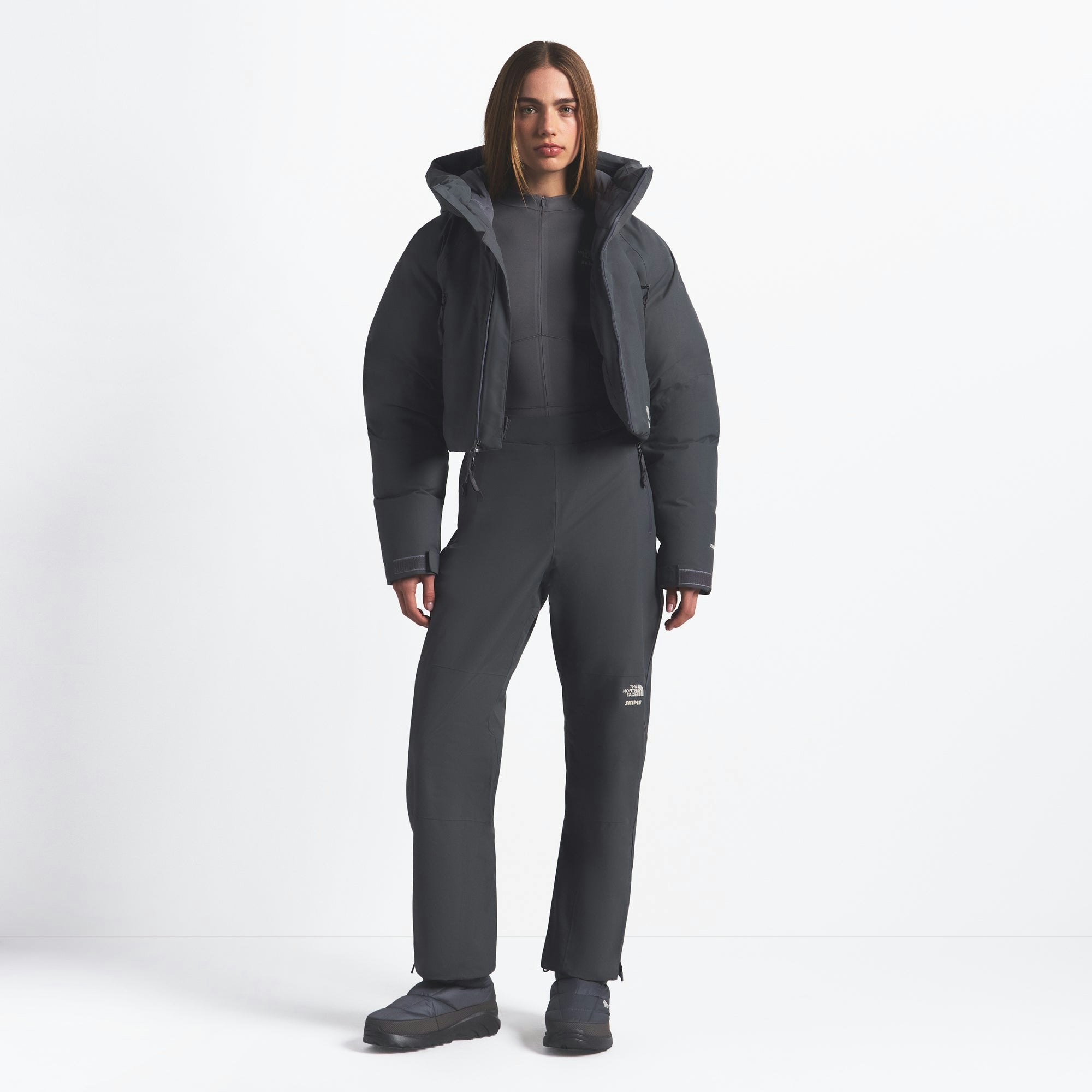 THE NORTH FACE X SKIMS INSULATED SHELL JACKET | GUNMETAL ON A MODEL FRONT VIEW @ | FOCUS: 0.0, 1.0, 0.9