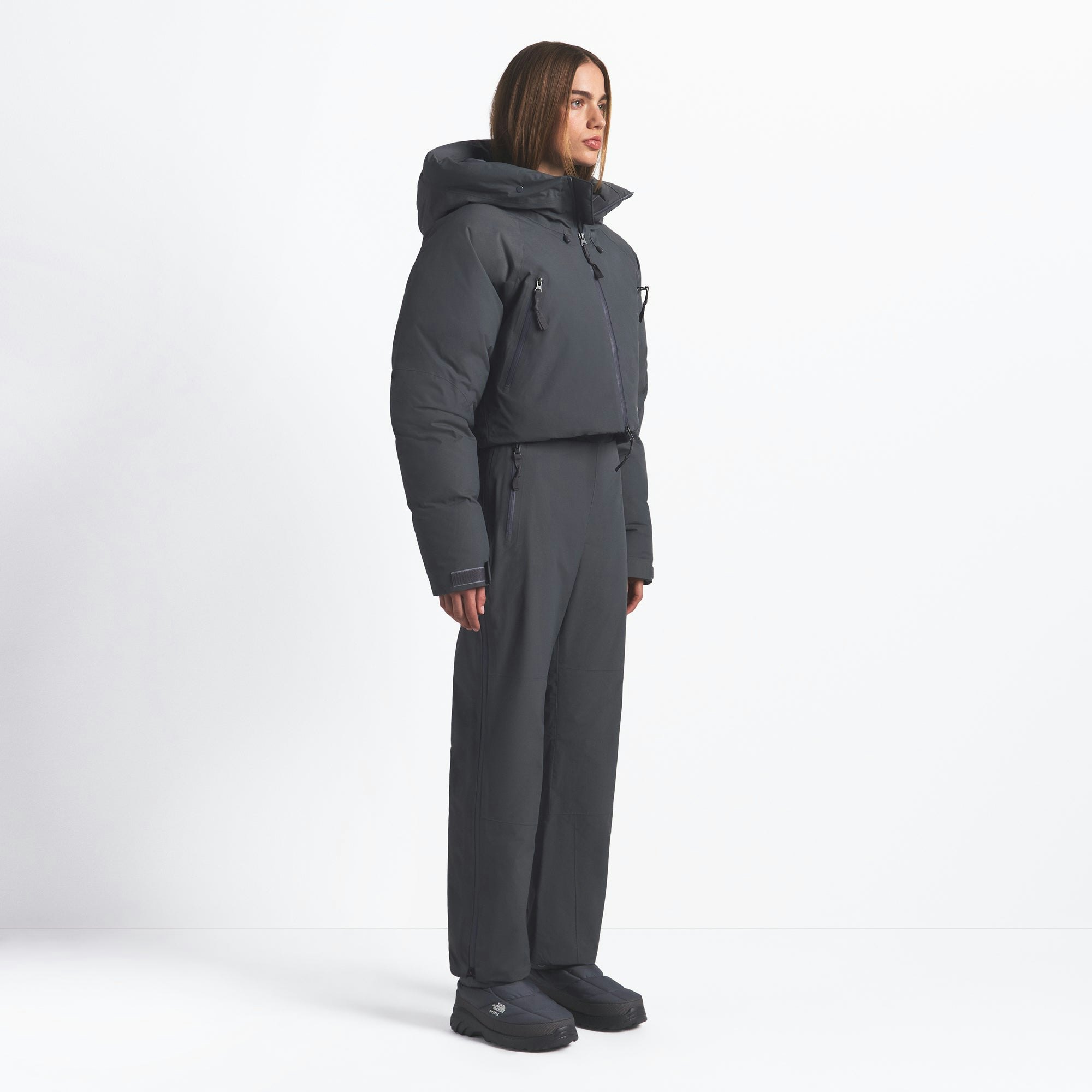 THE NORTH FACE X SKIMS INSULATED SHELL JACKET | GUNMETAL ON A MODEL FRONT VIEW @ | FOCUS: 0.0, 1.0, 0.9