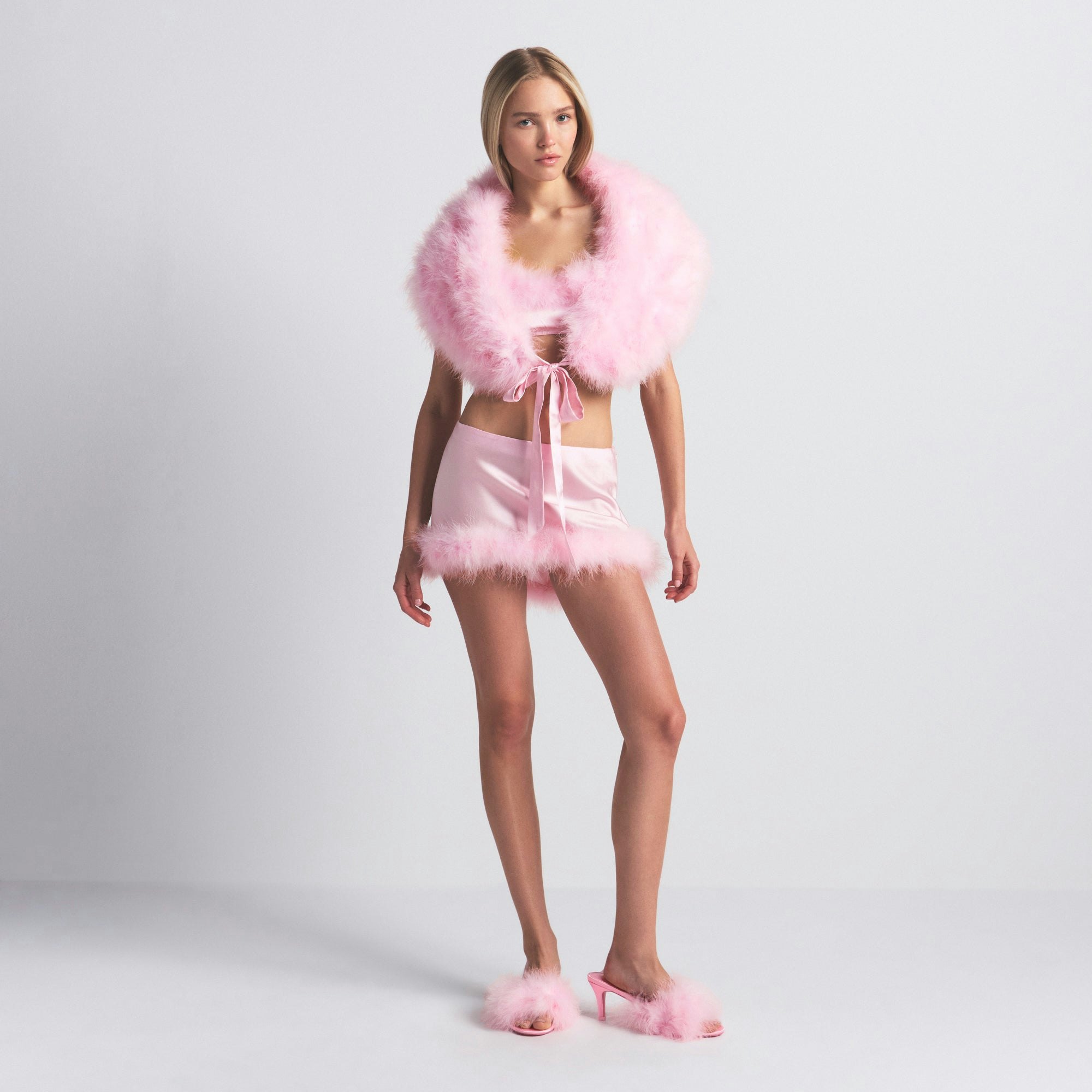 SILK FEATHER TRIM TIE SHAWL | CHERRY BLOSSOM ON A MODEL FRONT VIEW @ | FOCUS: 0.0, 1.0, 0.9