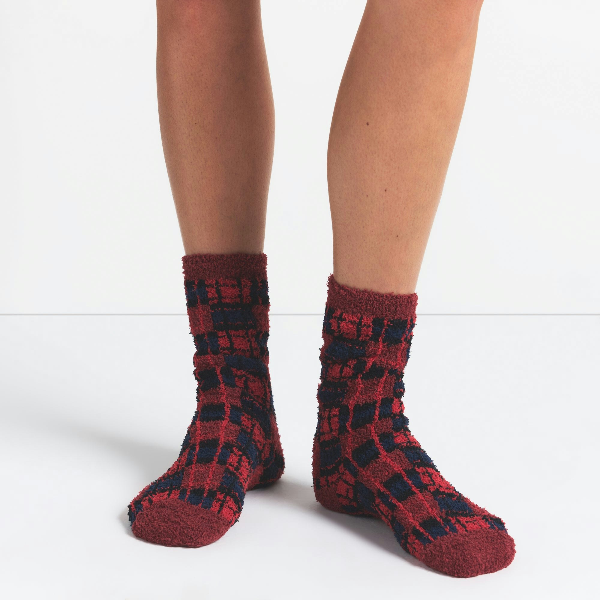 COZY KNIT SOCK | MERLOT NAVY PLAID ON A MODEL FRONT VIEW @ | FOCUS: 0.0, 1.0, 0.9