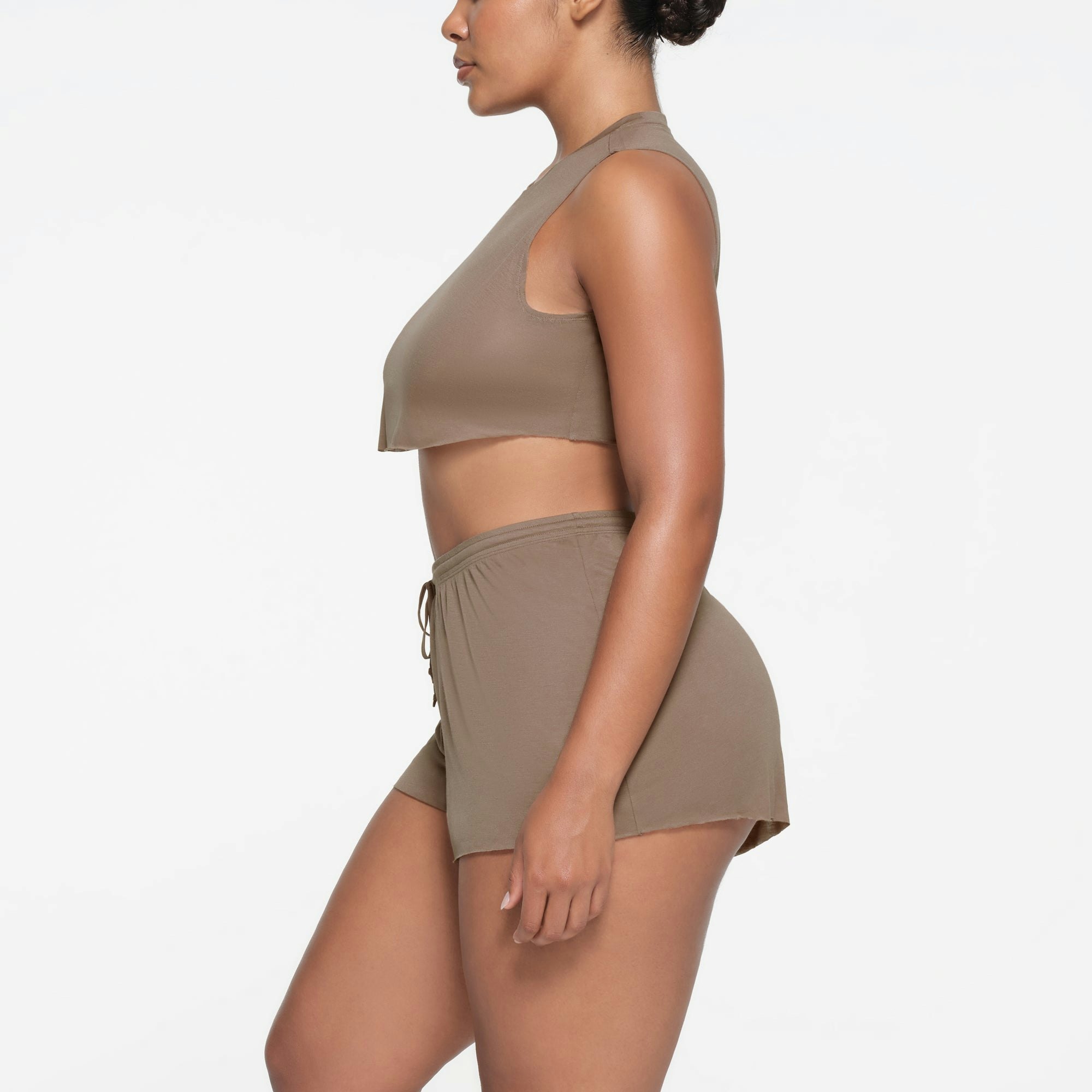 KIM'S SLEEP SUPER CROPPED TANK | TRUFFLE ON A MODEL SIDE VIEW
