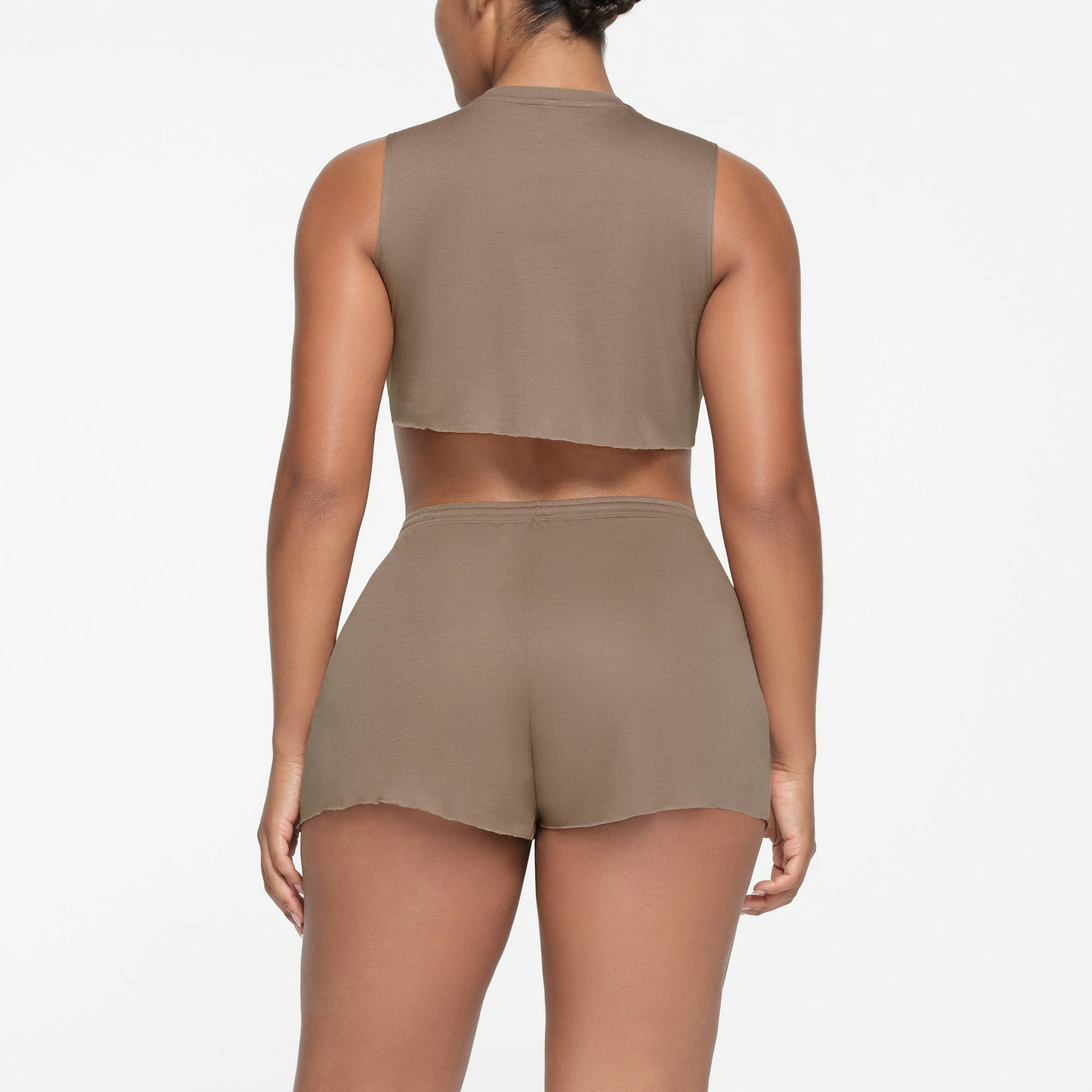 KIM'S SLEEP SUPER CROPPED TANK | TRUFFLE ON A MODEL BACK VIEW