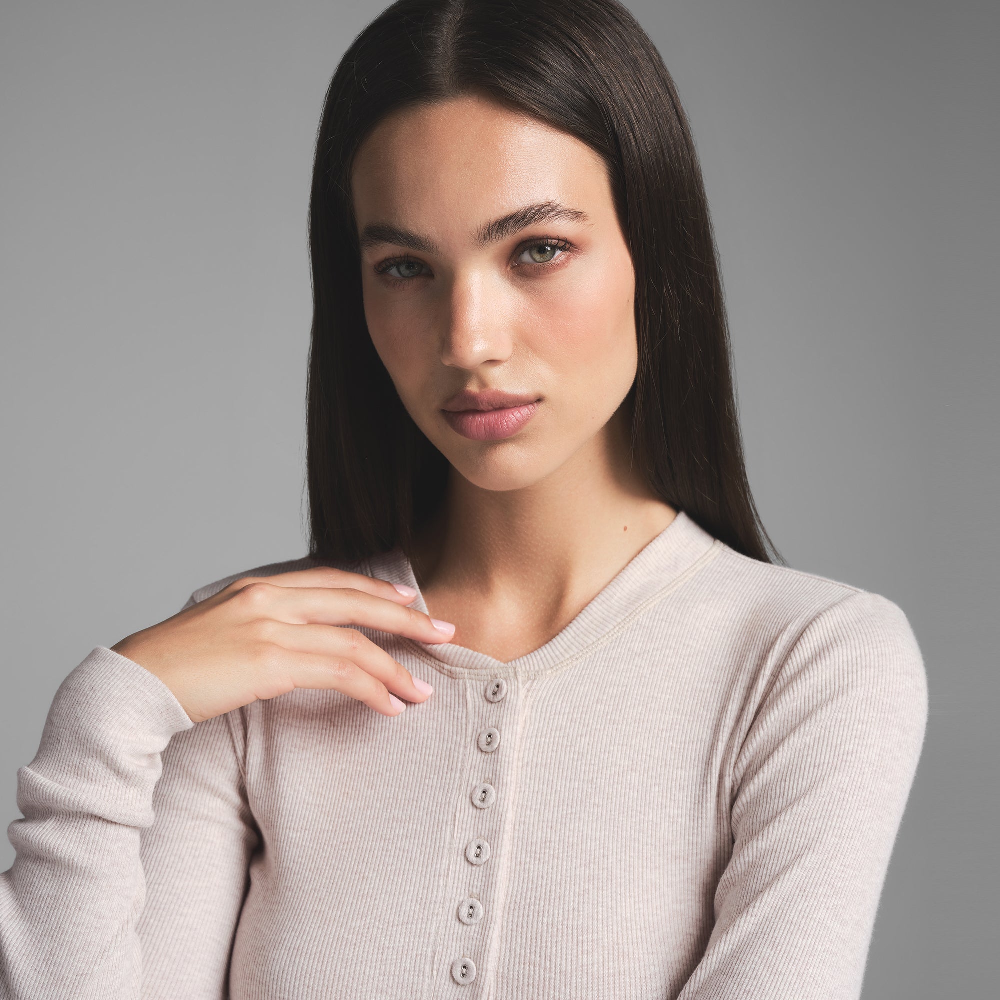 【HI FI FNK】Slab Cotton Henley Top COTTON RIB LONG SLEEVE CROP HENLEY | HEATHER OATMEAL