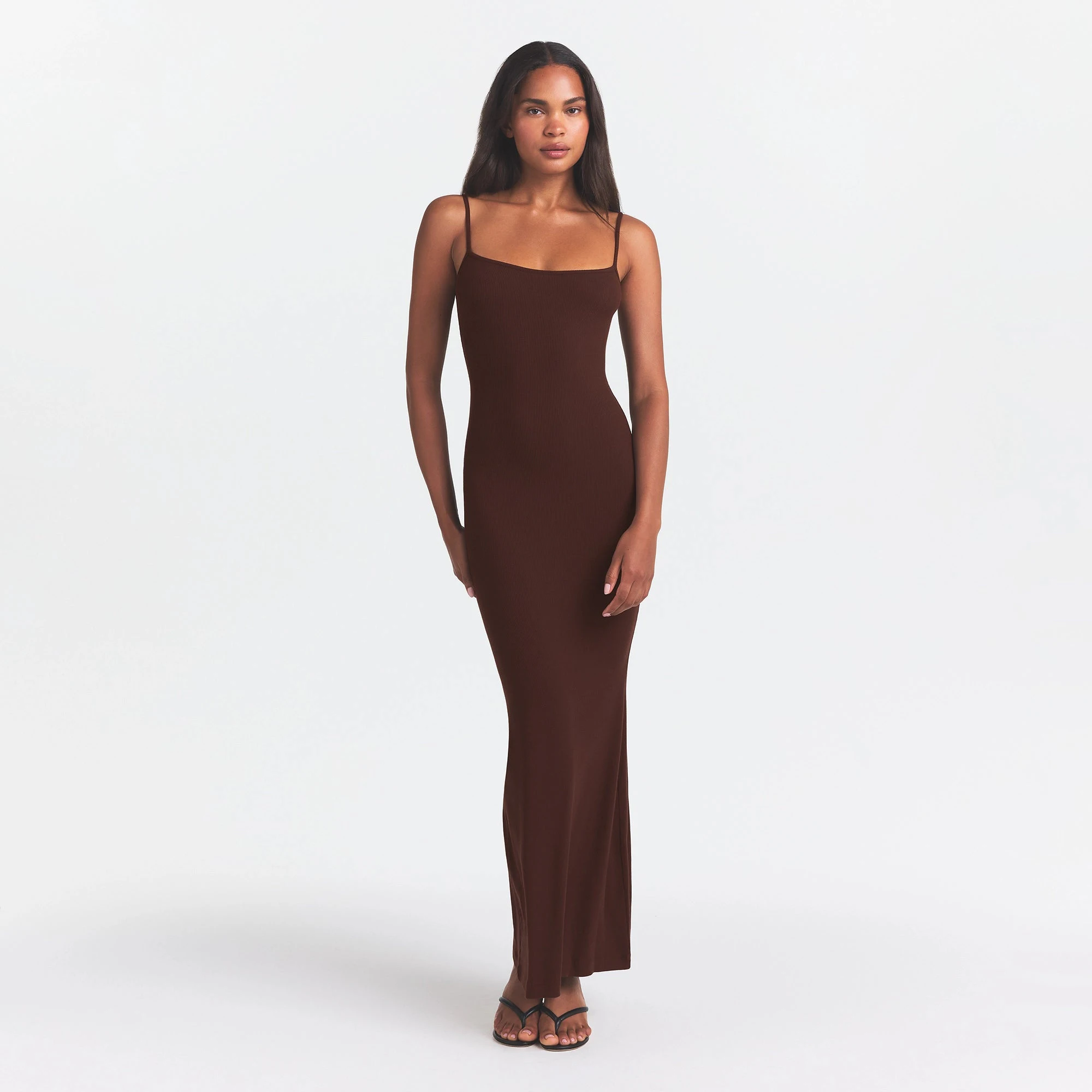 SOFT LOUNGE LONG SLIP DRESS | COCOA ON A MODEL FRONT VIEW