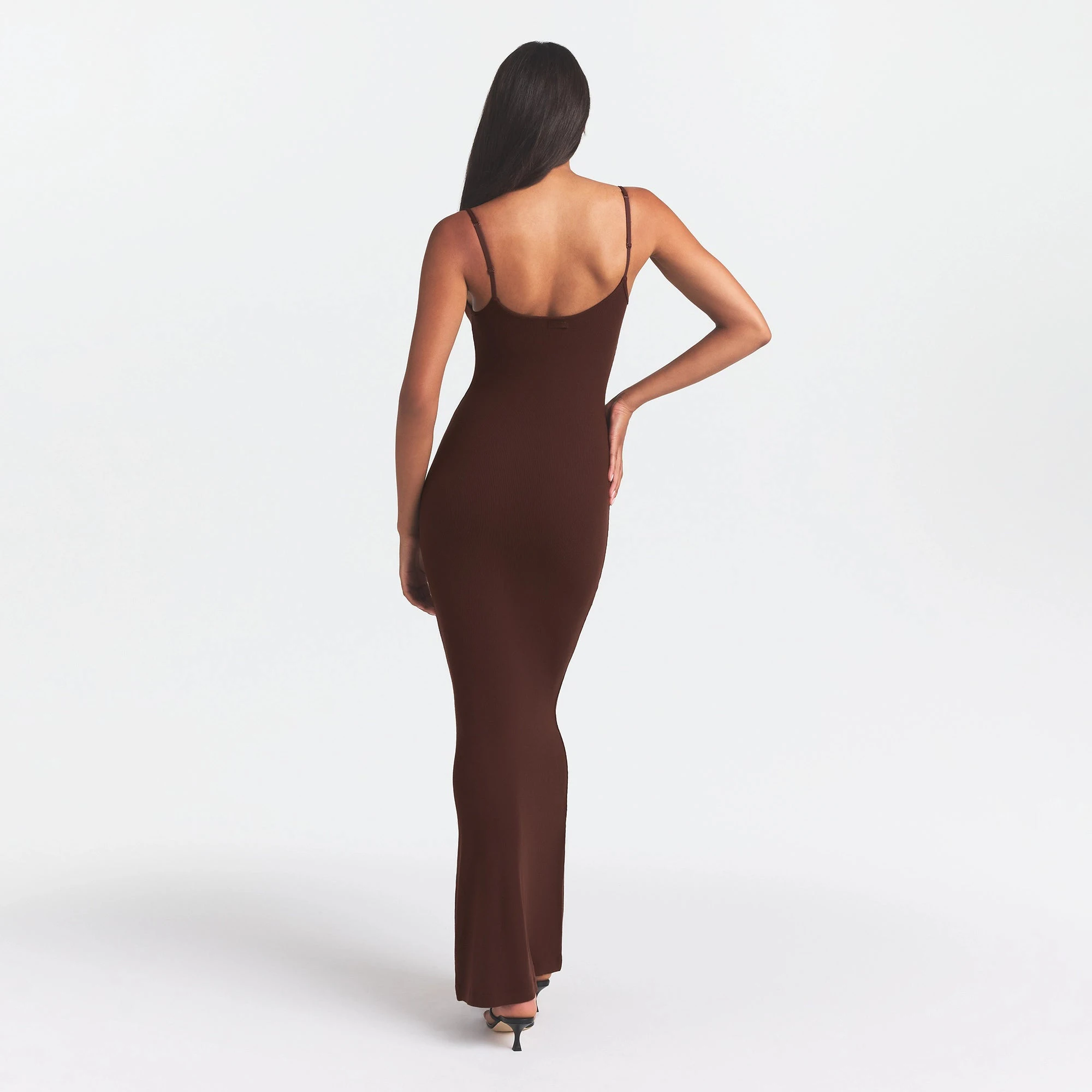 SOFT LOUNGE LONG SLIP DRESS | COCOA ON A MODEL BACK VIEW