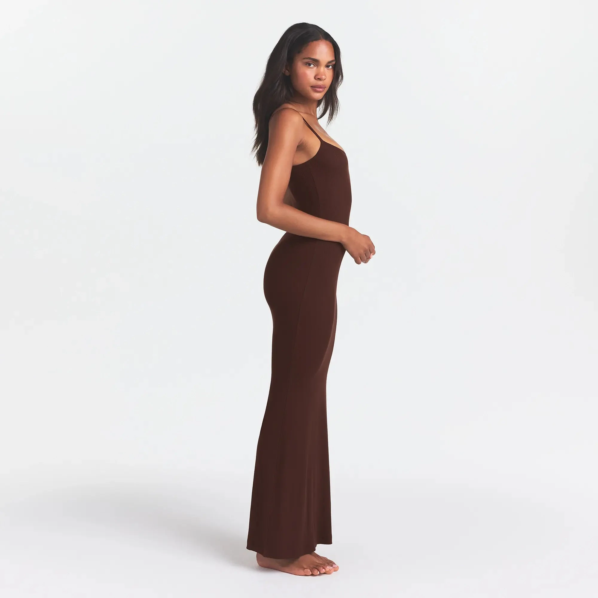 SOFT LOUNGE LONG SLIP DRESS | COCOA ON A MODEL FRONT VIEW @ | FOCUS: 0.0, 1.0, 0.9