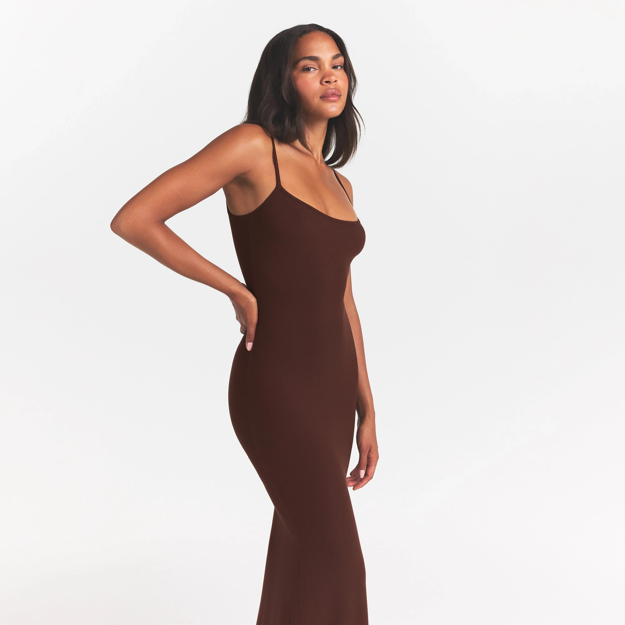 SOFT LOUNGE LONG SLIP DRESS | COCOA ON A MODEL FRONT VIEW @ | FOCUS: 0.0, 1.0, 0.9