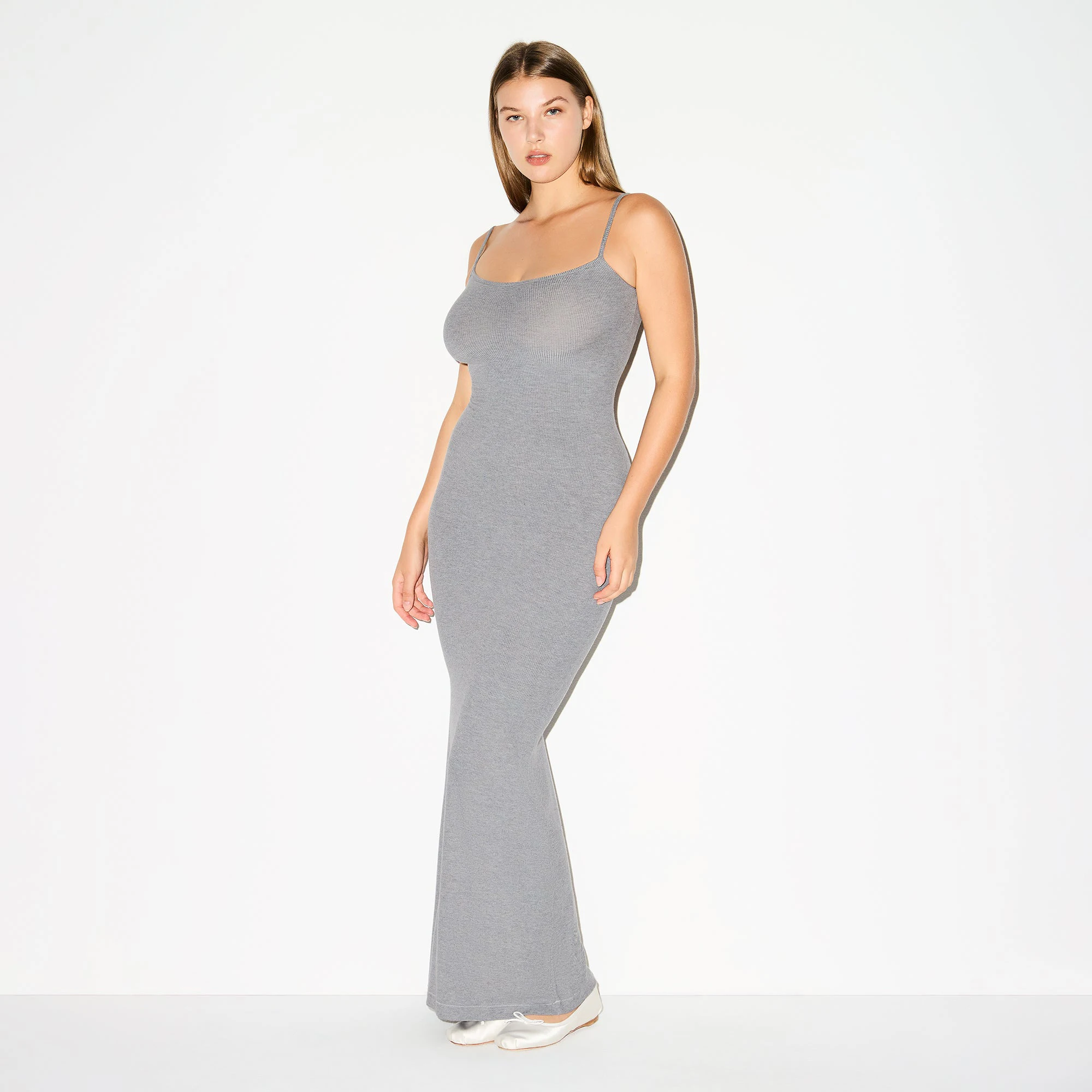 SOFT LOUNGE LONG SLIP DRESS | HEATHER GREY ON A MODEL FRONT VIEW @ | FOCUS: 0.0, 1.0, 0.9