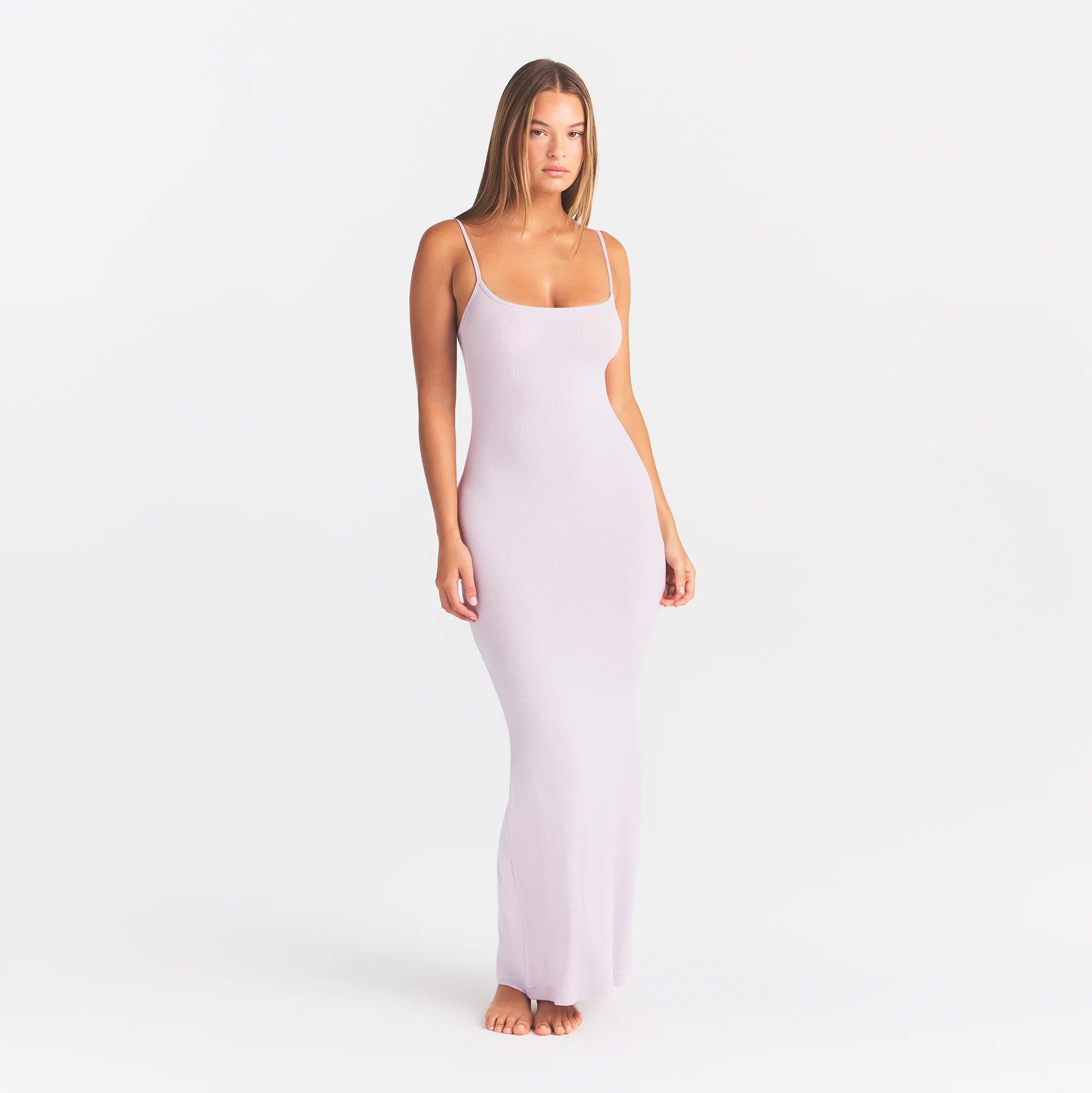SOFT LOUNGE LONG SLIP DRESS | IRIS MICA ON A MODEL FRONT VIEW @ | FOCUS: 0.0, 1.0, 0.9