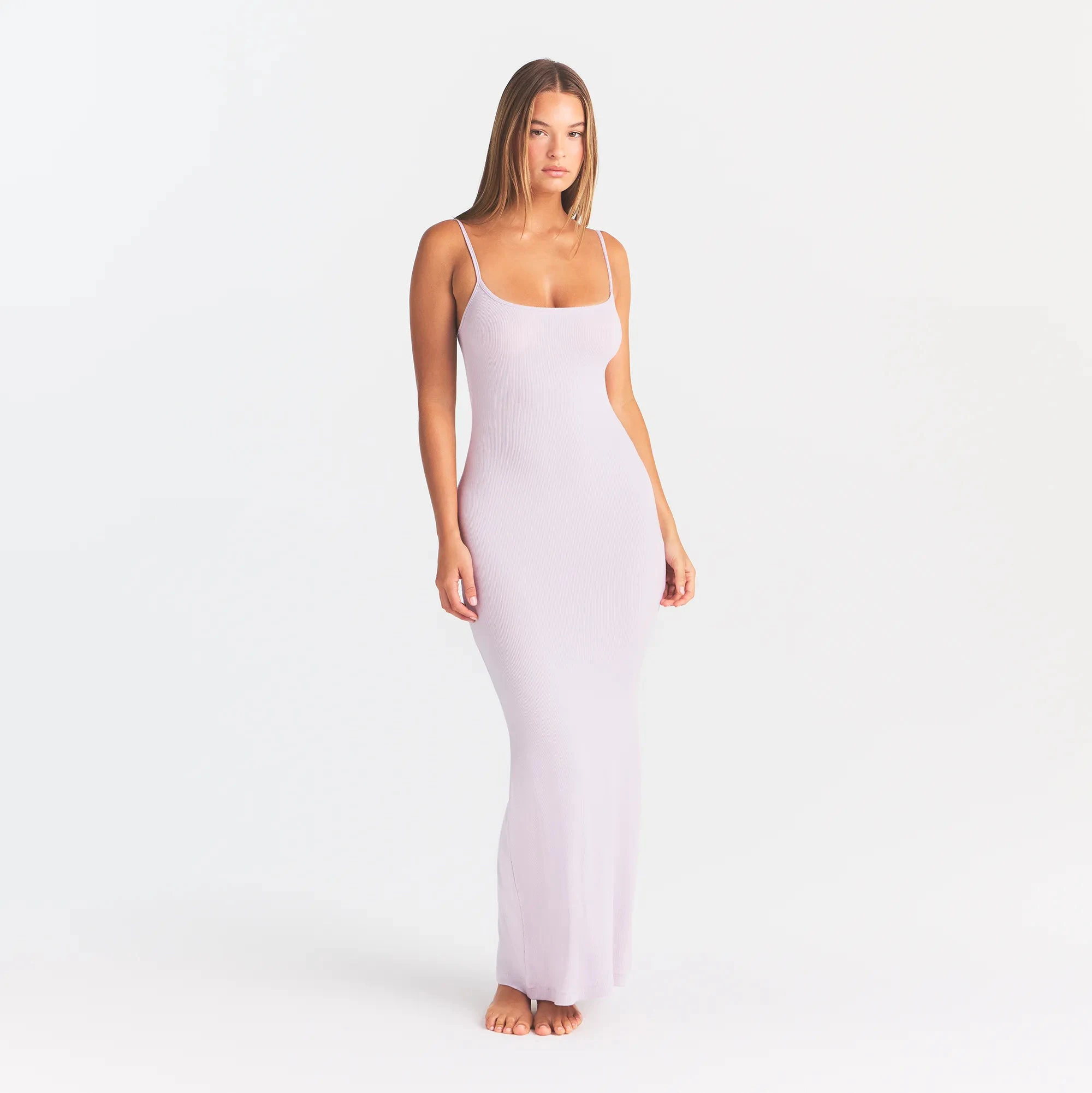 SOFT LOUNGE LONG SLIP DRESS | IRIS MICA ON A MODEL FRONT VIEW @ | FOCUS: 0.0, 1.0, 0.9