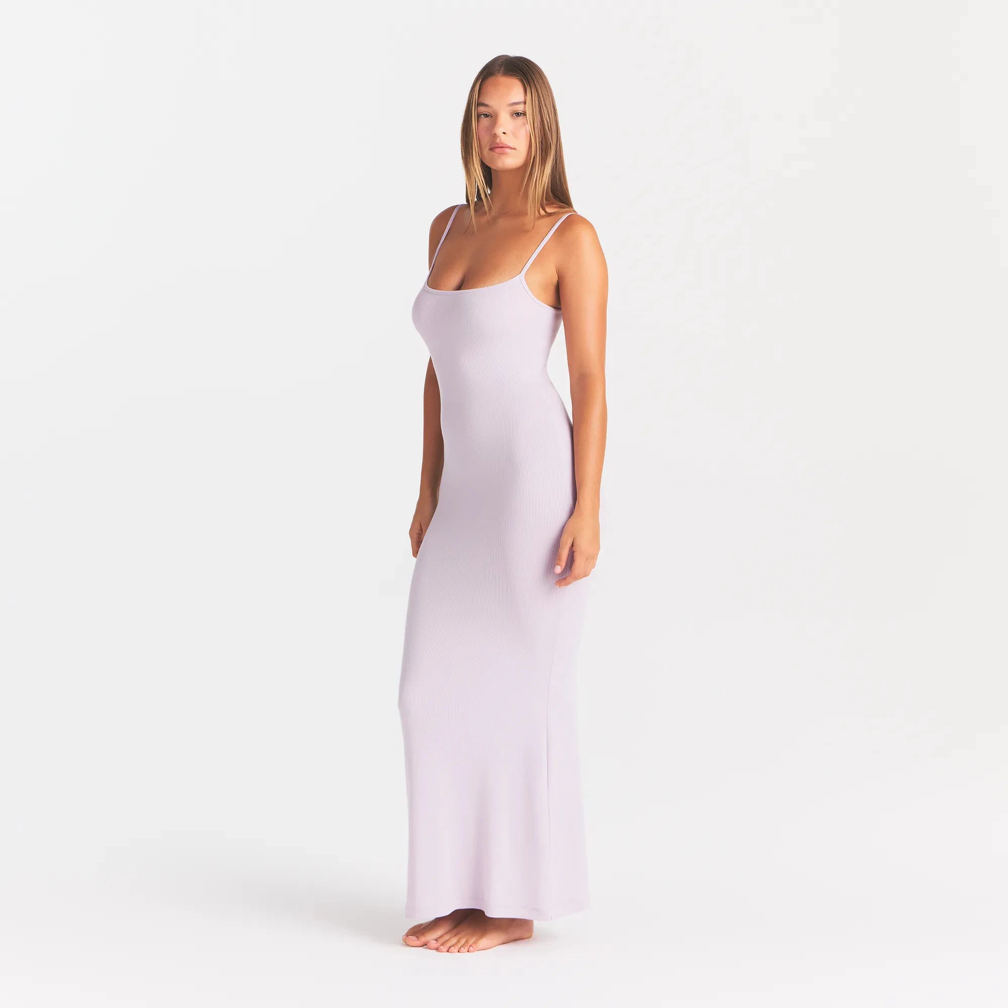SOFT LOUNGE LONG SLIP DRESS | IRIS MICA ON A MODEL SIDE VIEW @ | FOCUS: 0.0, 1.0, 0.9