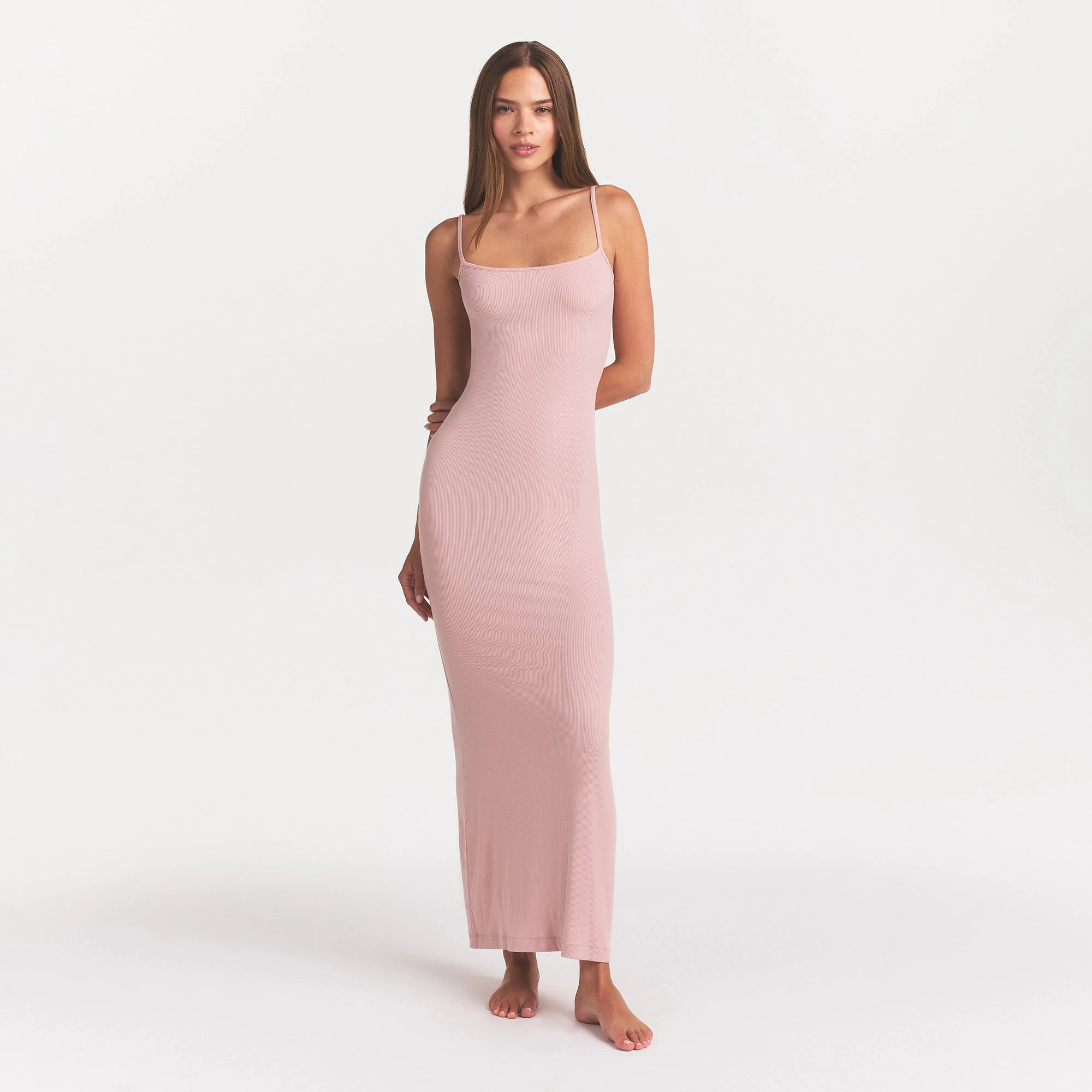 SOFT LOUNGE LONG SLIP DRESS | MORGANITE ON A MODEL FRONT VIEW @ | FOCUS: 0.0, 1.0, 0.9