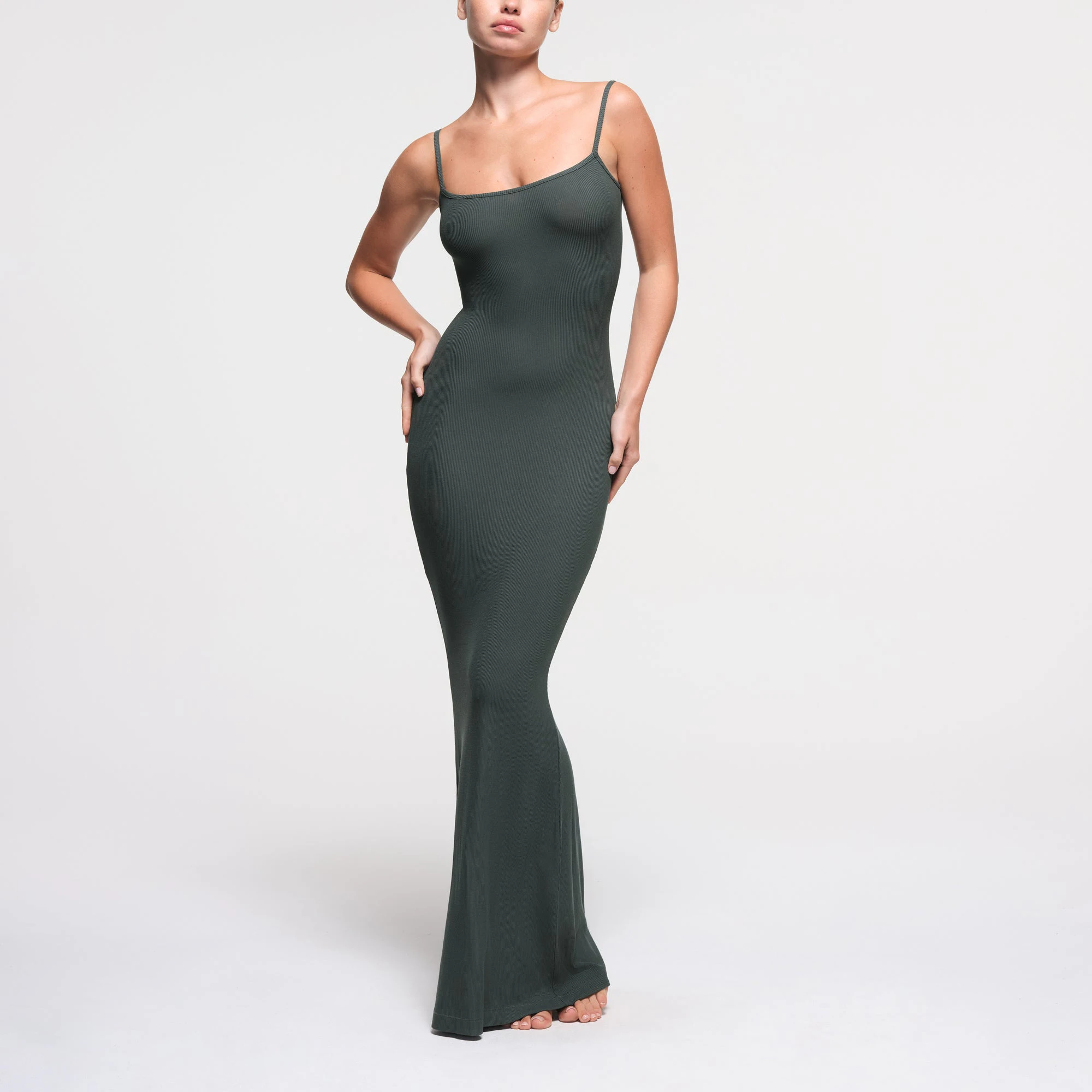 SOFT LOUNGE LONG SLIP DRESS | DEEP SEA ON A MODEL FRONT VIEW