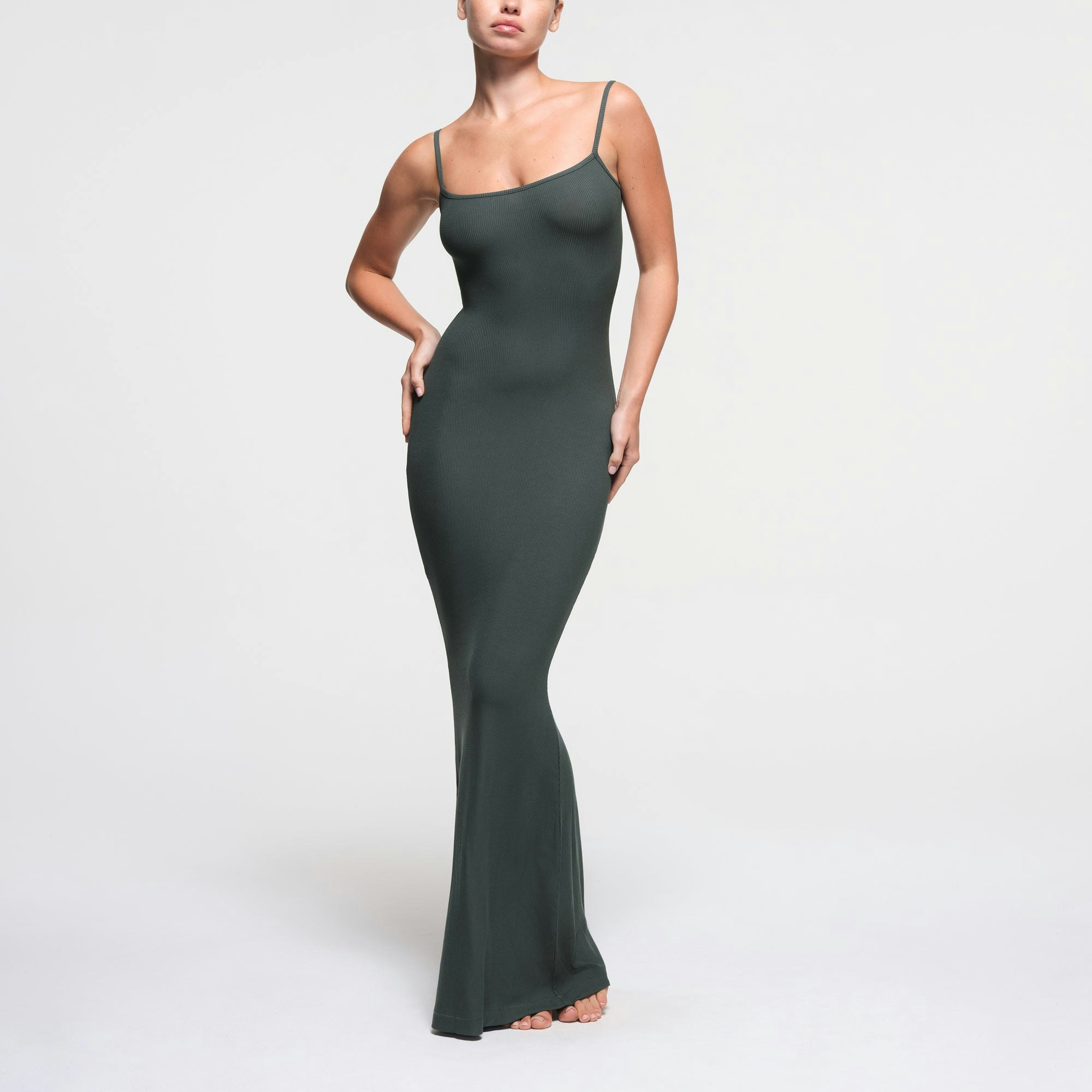 SOFT LOUNGE LONG SLIP DRESS | DEEP SEA ON A MODEL FRONT VIEW