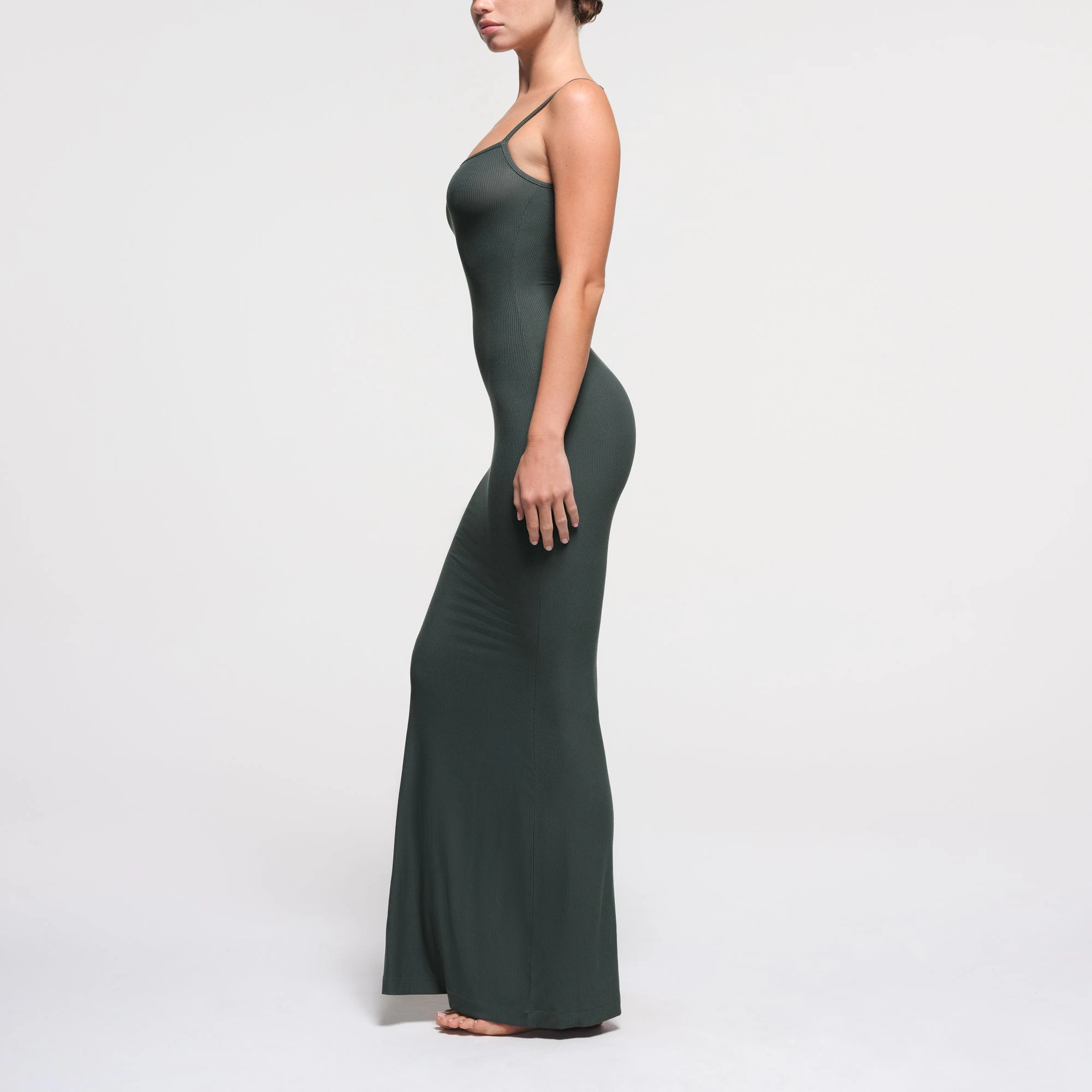 SOFT LOUNGE LONG SLIP DRESS | DEEP SEA ON A MODEL SIDE VIEW