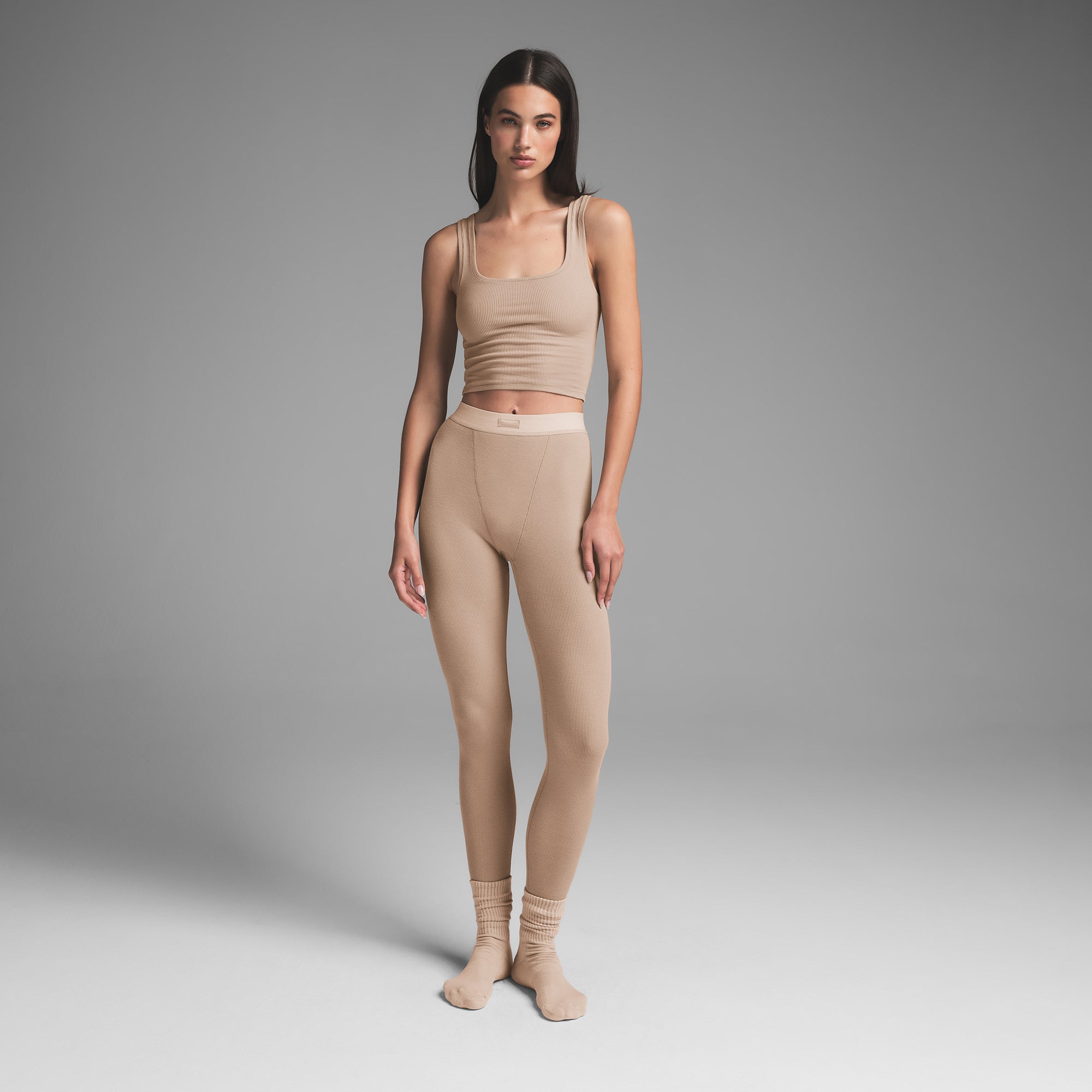 COTTON RIB LEGGING | LATTE ON A MODEL FRONT VIEW | FOCUS: 0.0, 1.0, 0.9