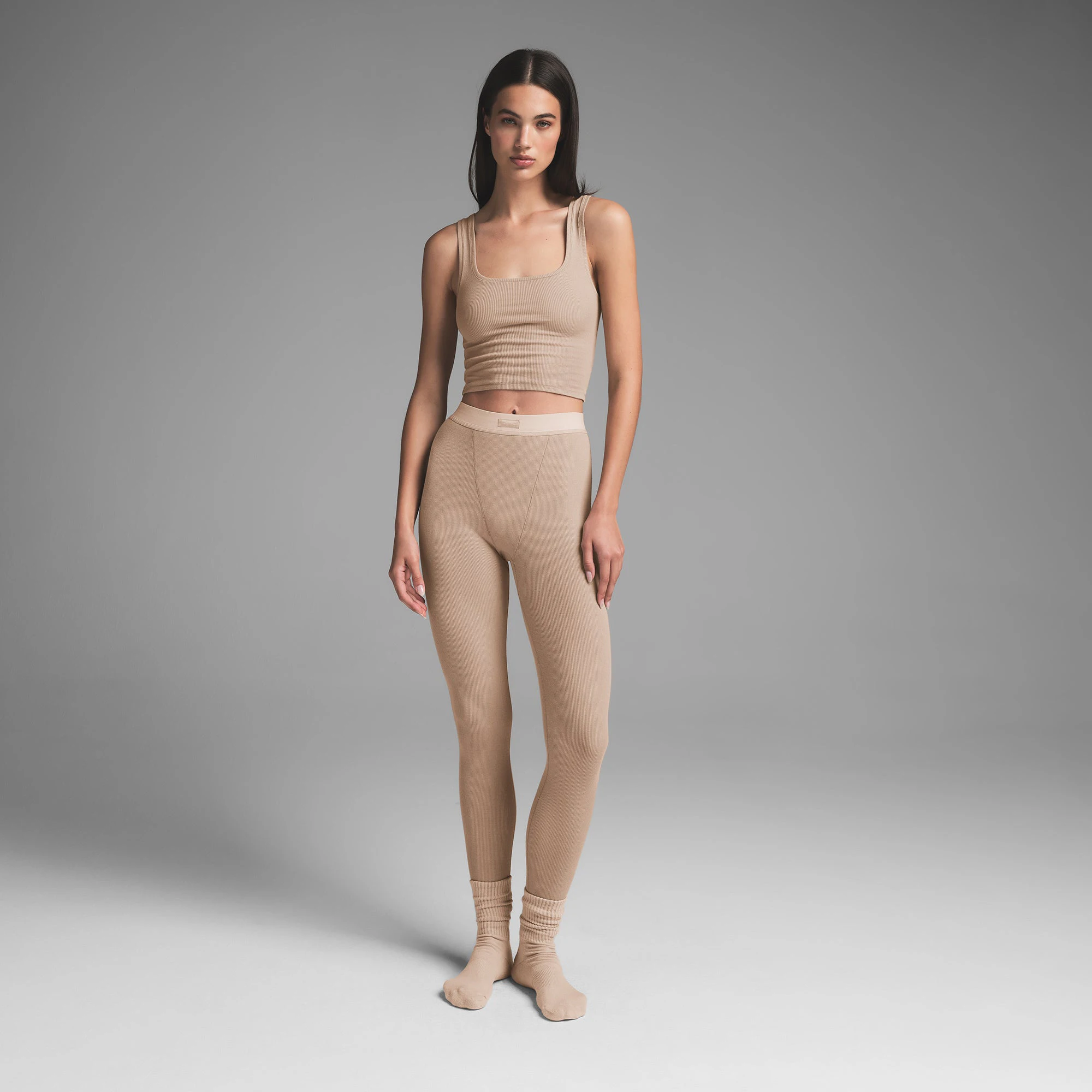 COTTON RIB LEGGING | LATTE ON A MODEL FRONT VIEW | FOCUS: 0.0, 1.0, 0.9