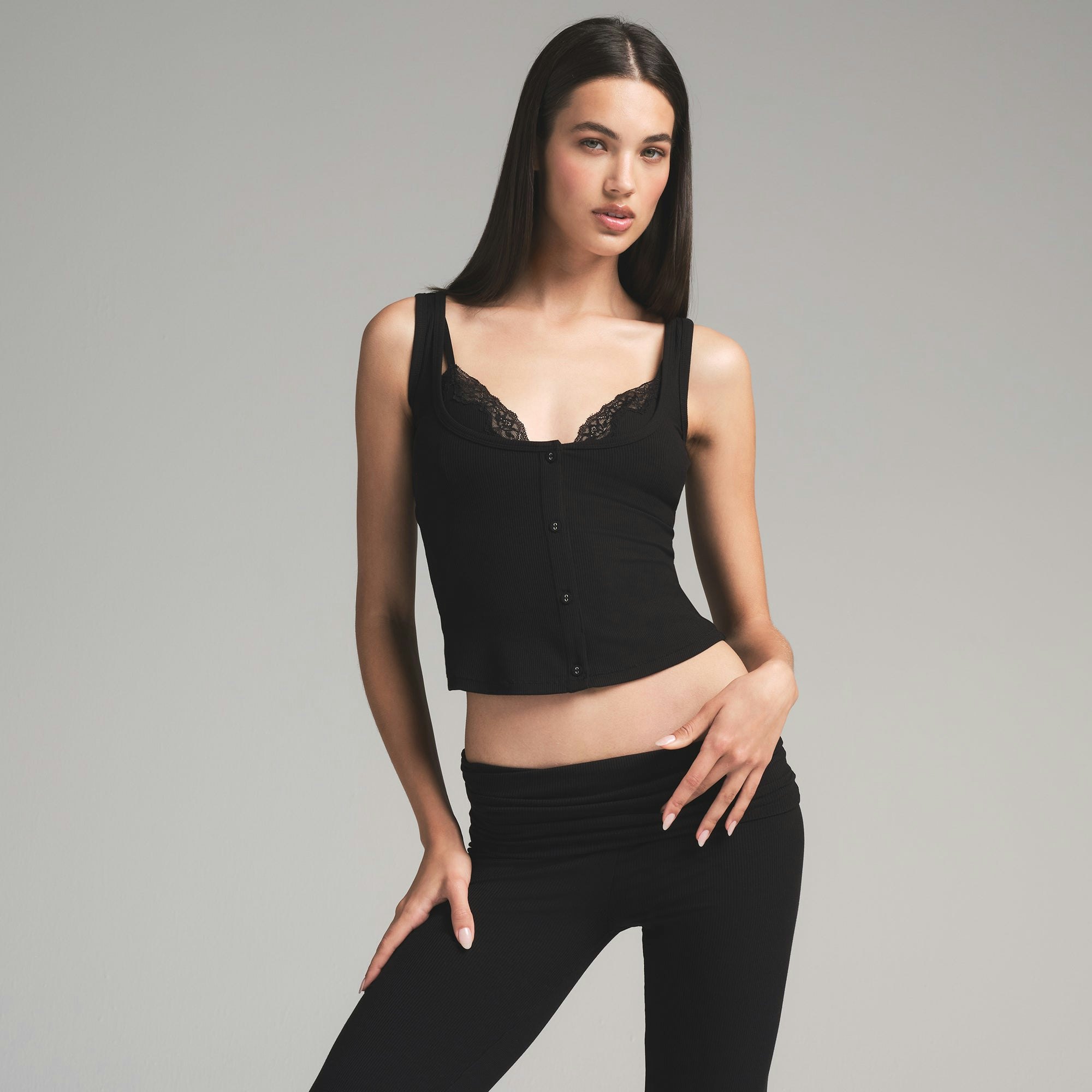 SOFT LOUNGE FOLDOVER PANT | ONYX ON A MODEL FRONT VIEW | FOCUS: 0.0, 1.0, 0.9
