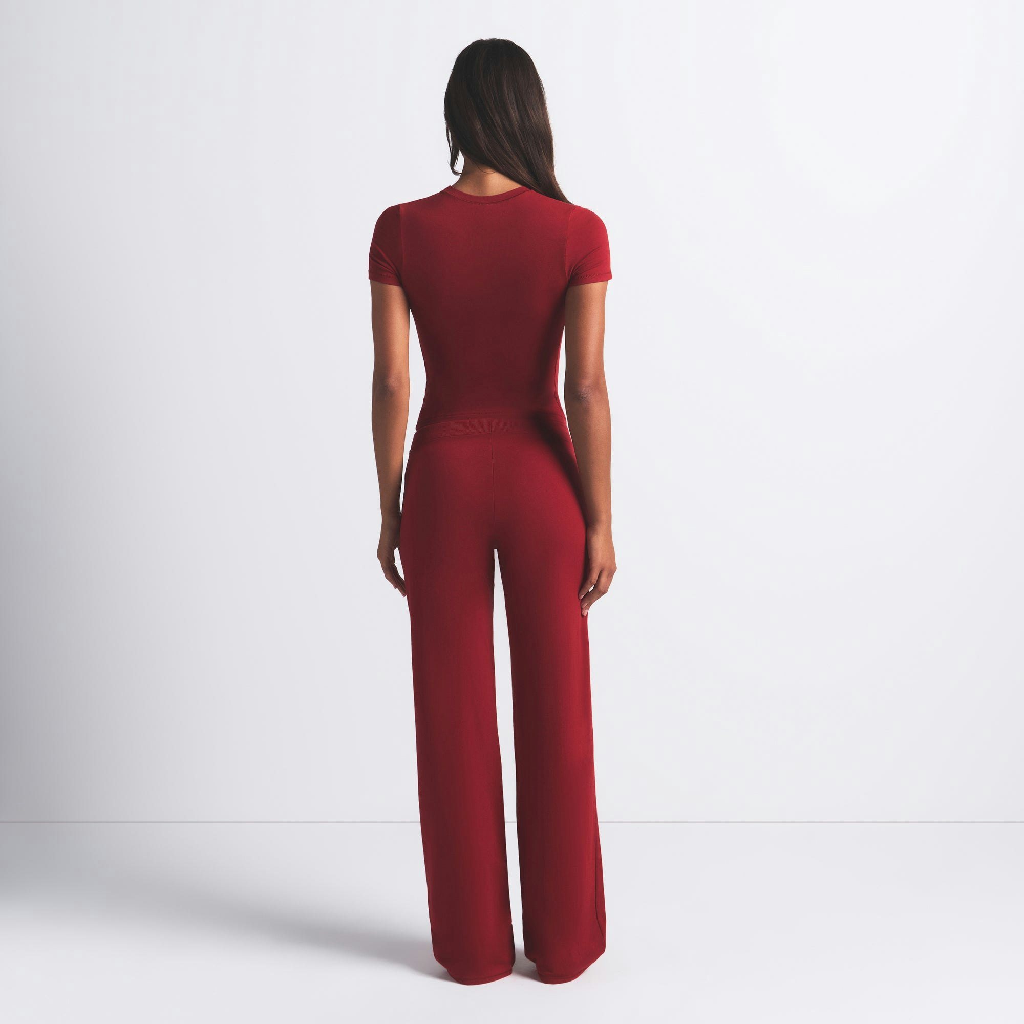 COTTON JERSEY FOLDOVER PANT | BRICK ON A MODEL FRONT VIEW @ | FOCUS: 0.0, 1.0, 0.9