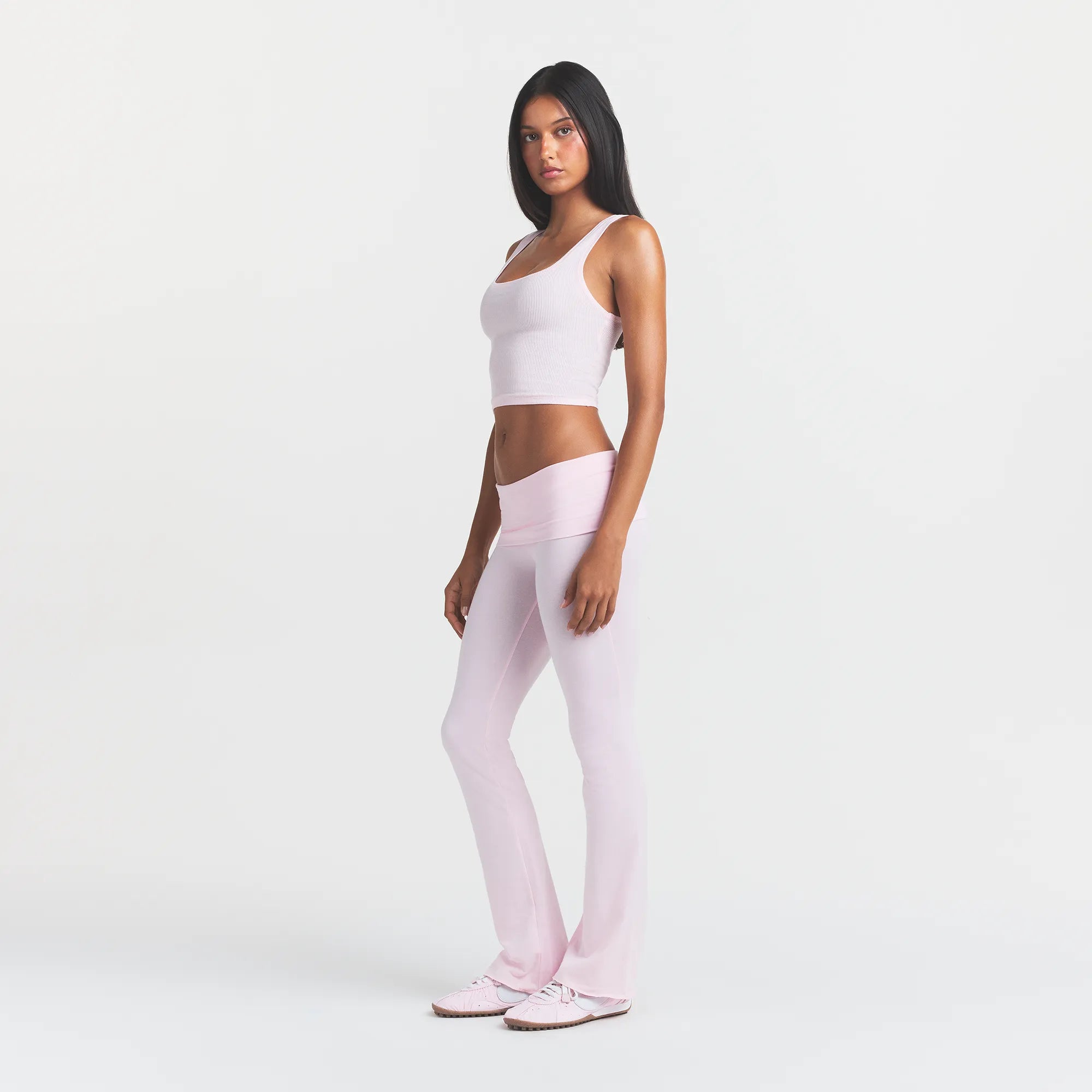 COTTON JERSEY FOLDOVER PANT | CHERRY BLOSSOM ON A MODEL SIDE VIEW