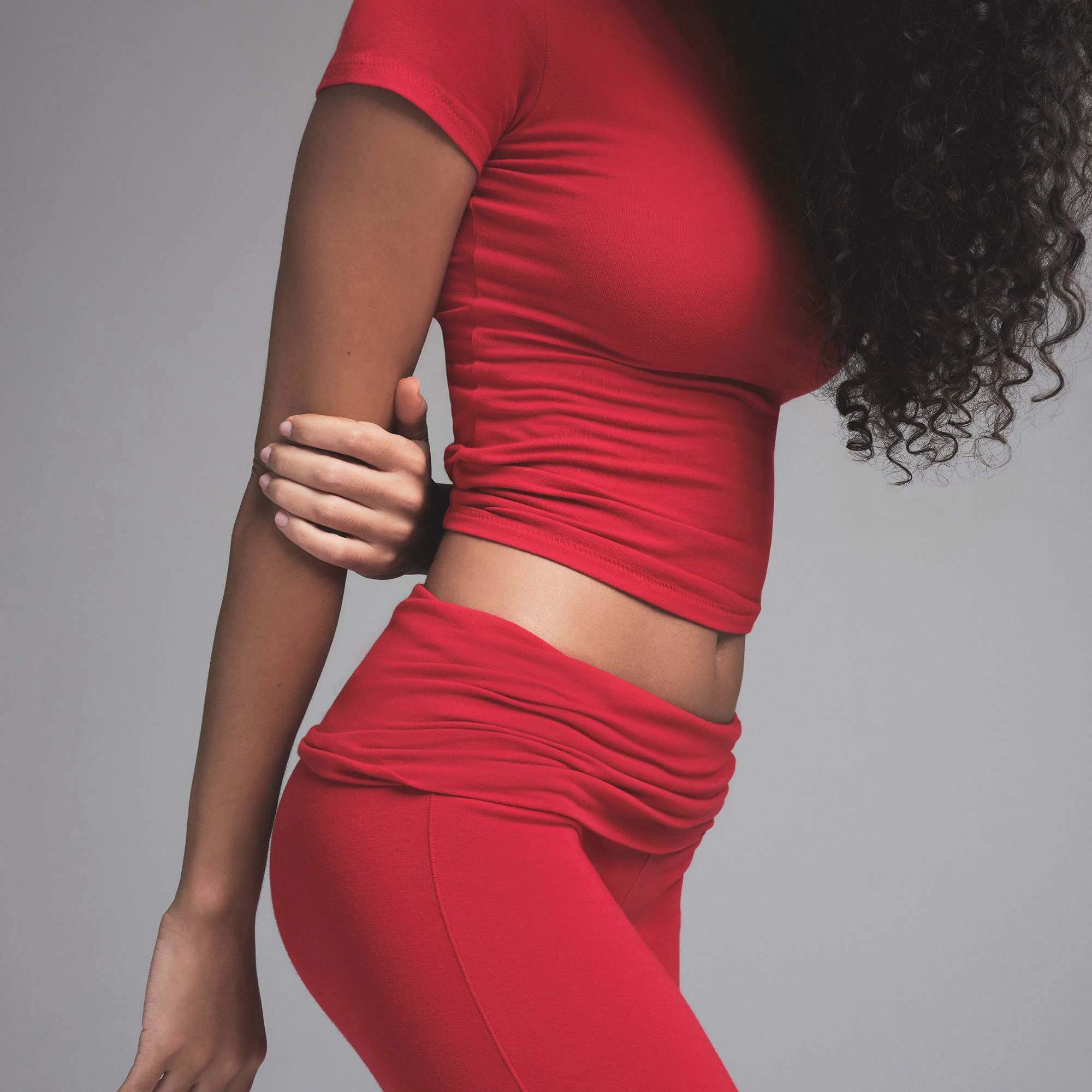 COTTON JERSEY FOLDOVER PANT | CRANBERRY ON A MODEL FRONT VIEW