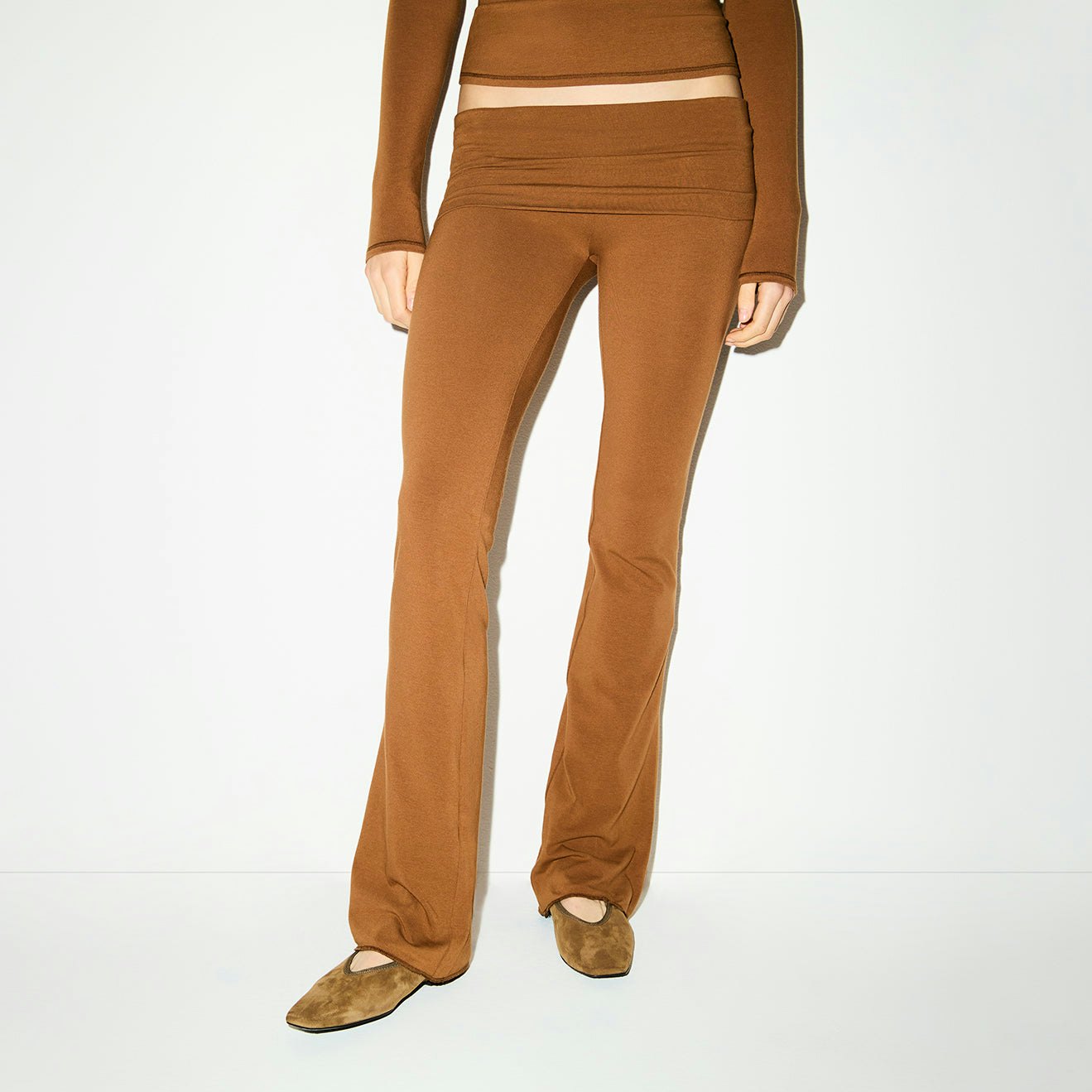 COTTON JERSEY FOLDOVER PANT | CHAI ON A MODEL FRONT VIEW @ | FOCUS: 0.0, 1.0, 0.9