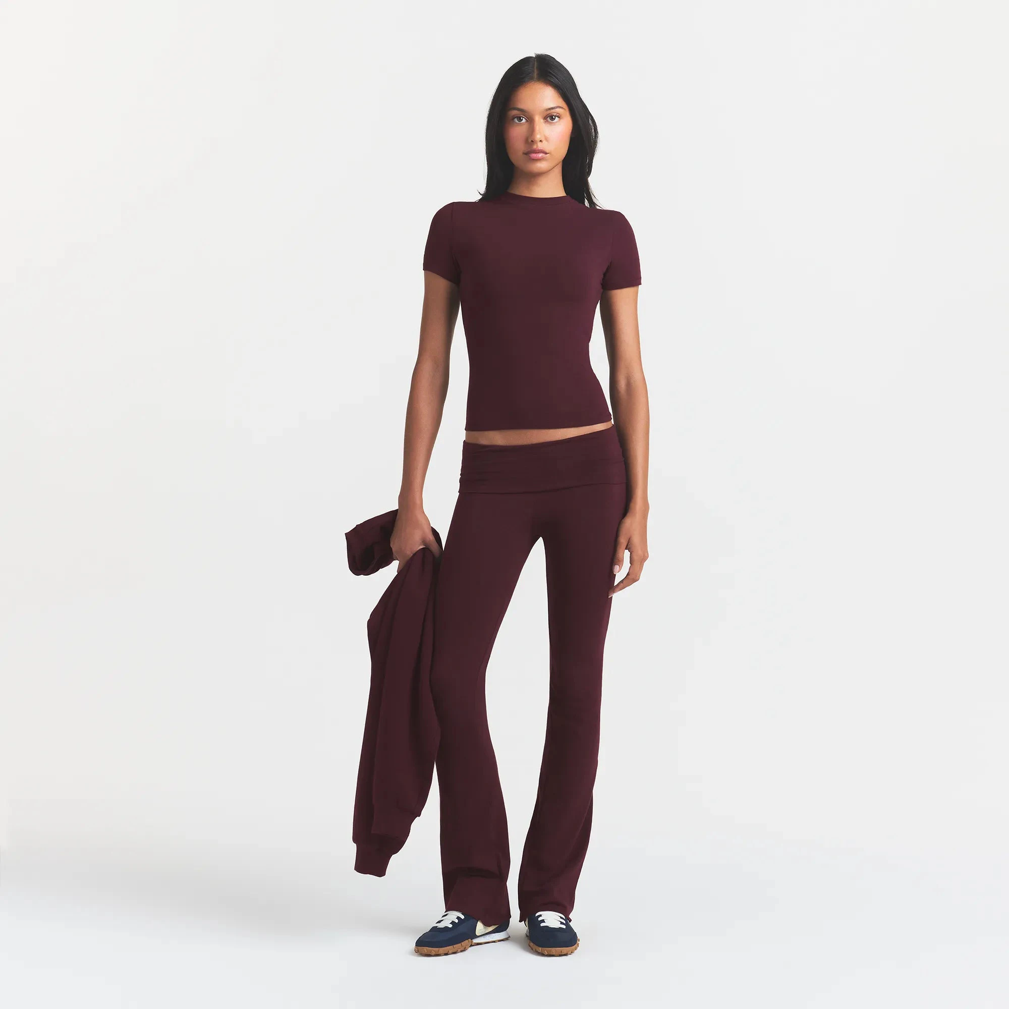 COTTON JERSEY FOLDOVER PANT | CURRANT ON A MODEL FRONT VIEW