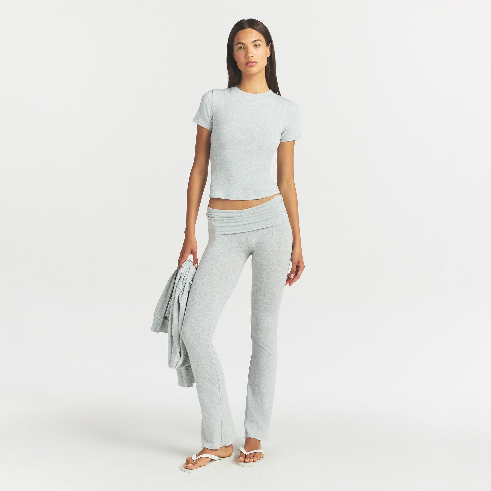 COTTON JERSEY FOLDOVER PANT | LIGHT HEATHER GREY ON A MODEL FRONT VIEW