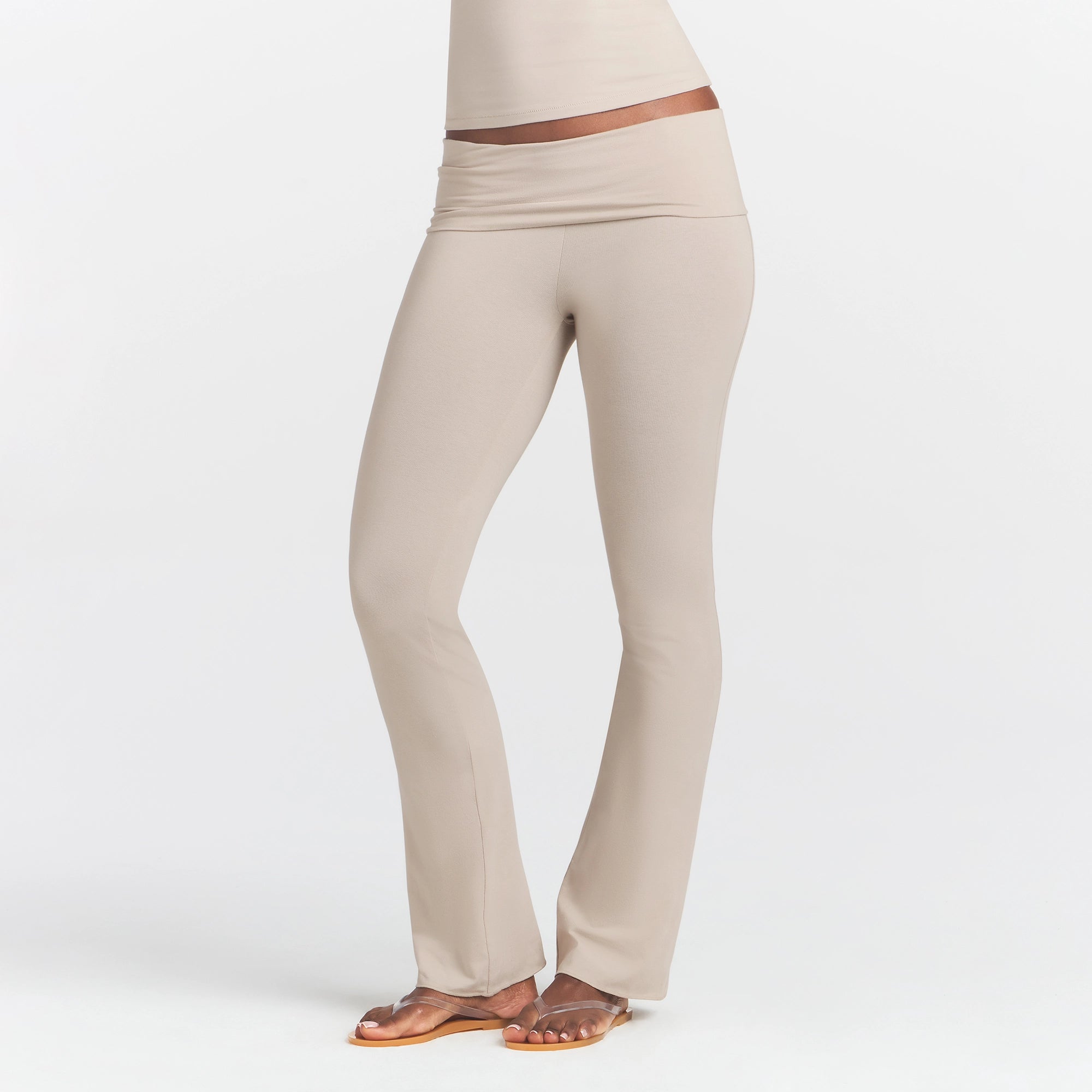 COTTON JERSEY FOLDOVER PANT | STONE ON A MODEL FRONT VIEW @ | FOCUS: 0.0, 1.0, 0.9