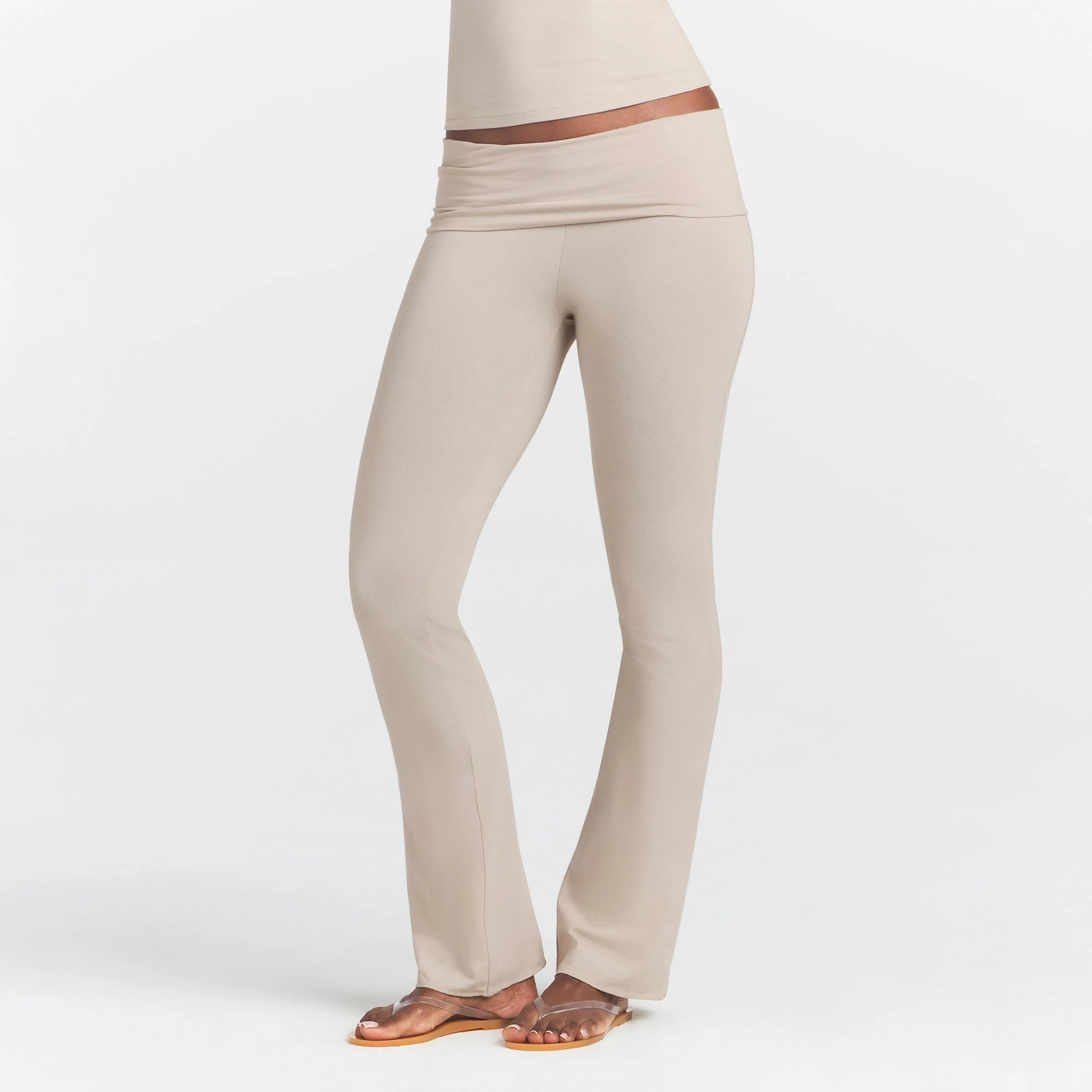 COTTON JERSEY FOLDOVER PANT | STONE ON A MODEL FRONT VIEW @ | FOCUS: 0.0, 1.0, 0.9
