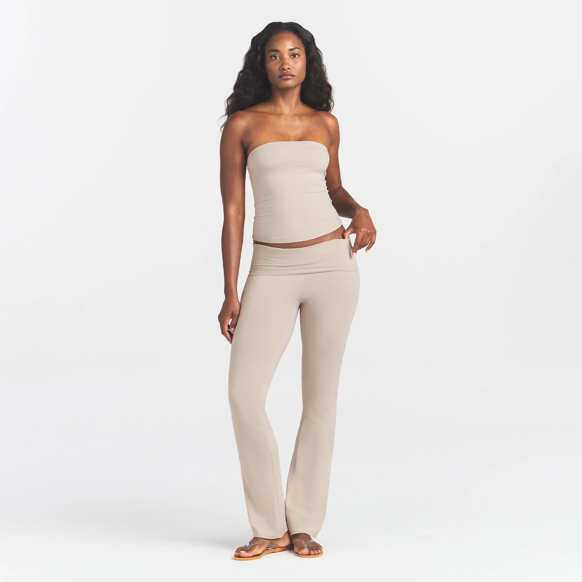COTTON JERSEY FOLDOVER PANT | STONE ON A MODEL FRONT VIEW @ | FOCUS: 0.0, 1.0, 0.9