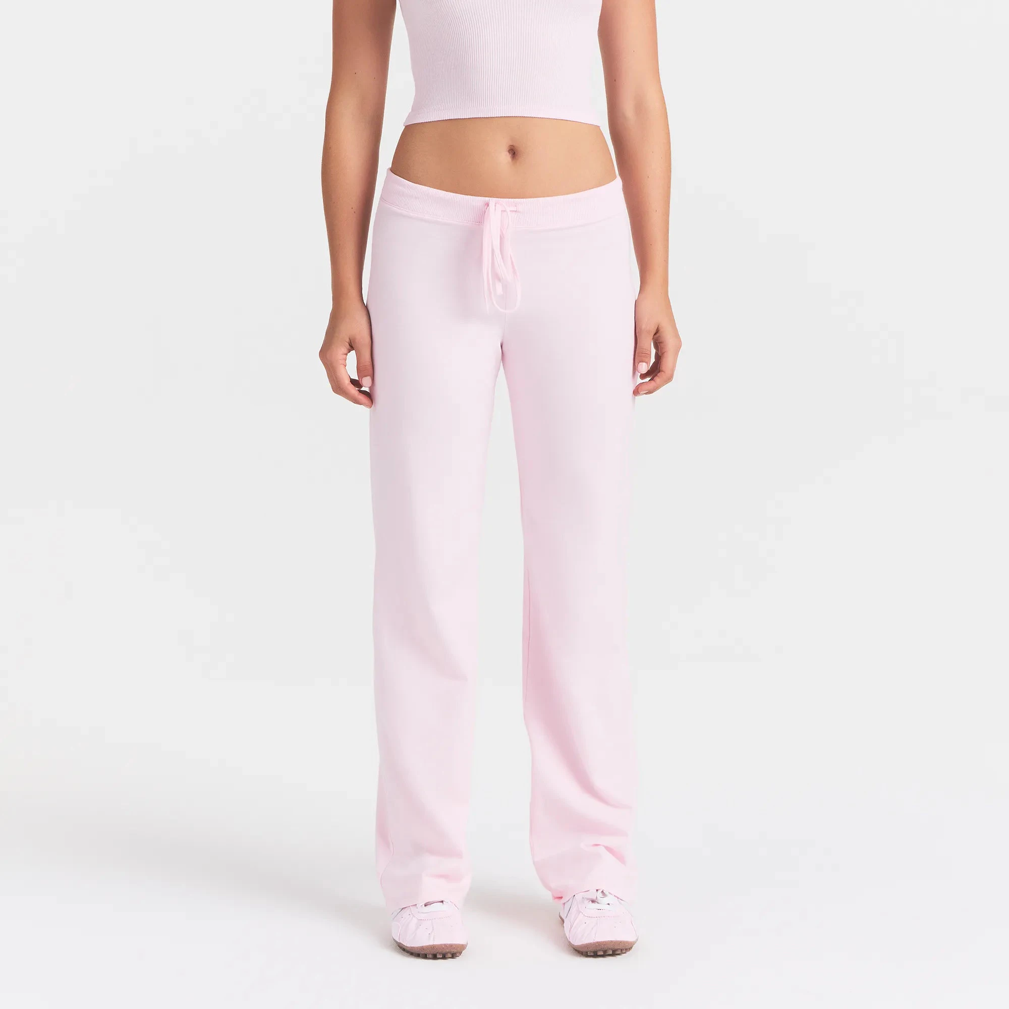 COTTON JERSEY STRAIGHT LEG PANT | CHERRY BLOSSOM ON A MODEL FRONT VIEW